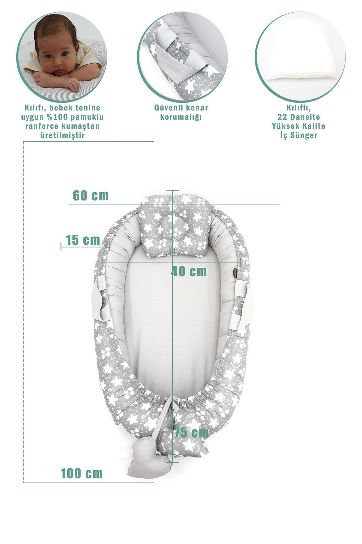 Babynest Ortopedik Bebek Yatağı, Anne Yanı Bebek Yatağı, Ergonomik Tasarım, Big Stars Serisi, Gri