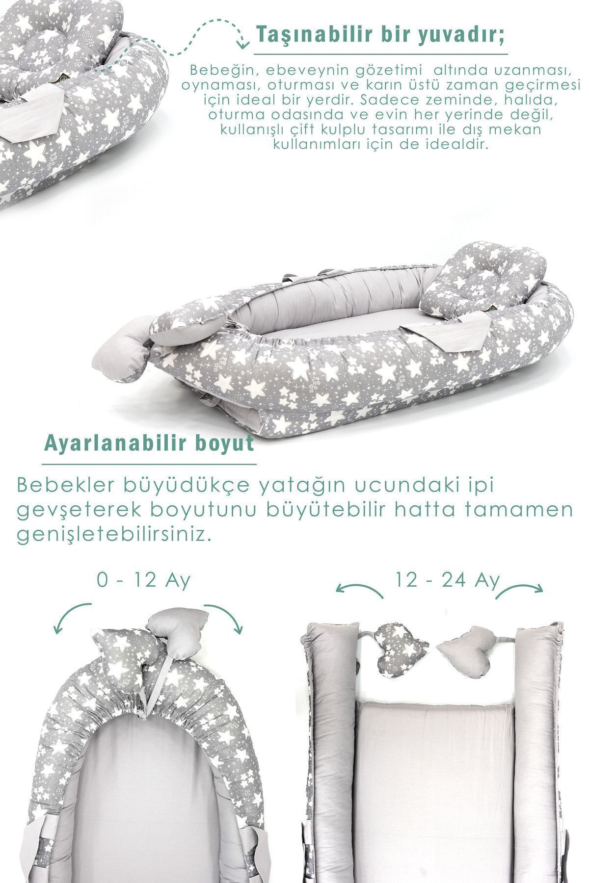 Babynest Ortopedik Bebek Yatağı, Anne Yanı Bebek Yatağı, Ergonomik Tasarım, Big Stars Serisi, Gri