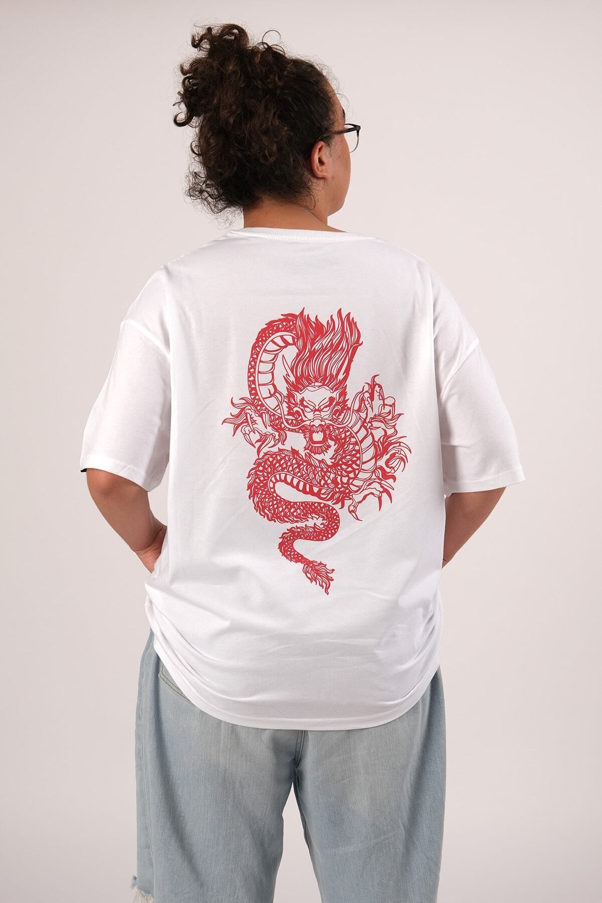 Oversize Dragon Baskılı Beyaz Tshirt