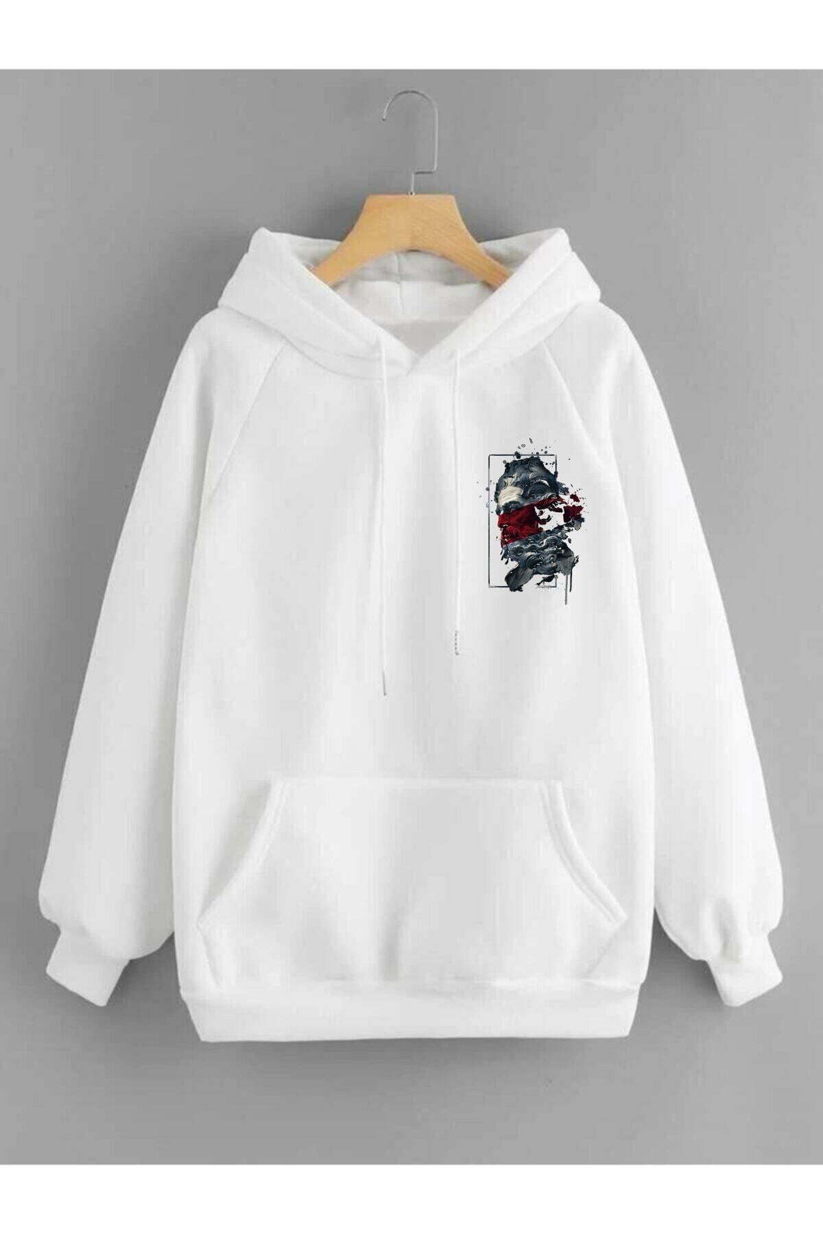 Beyaz Oversize Kapüşonlu Sweatshirt Unisex Zeus Sırt Baskı