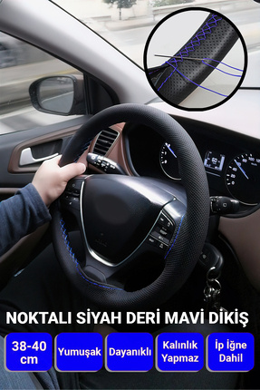 Noktalı Siyah Deri Mavi Dikiş Direksiyon Kılıfı Image 0