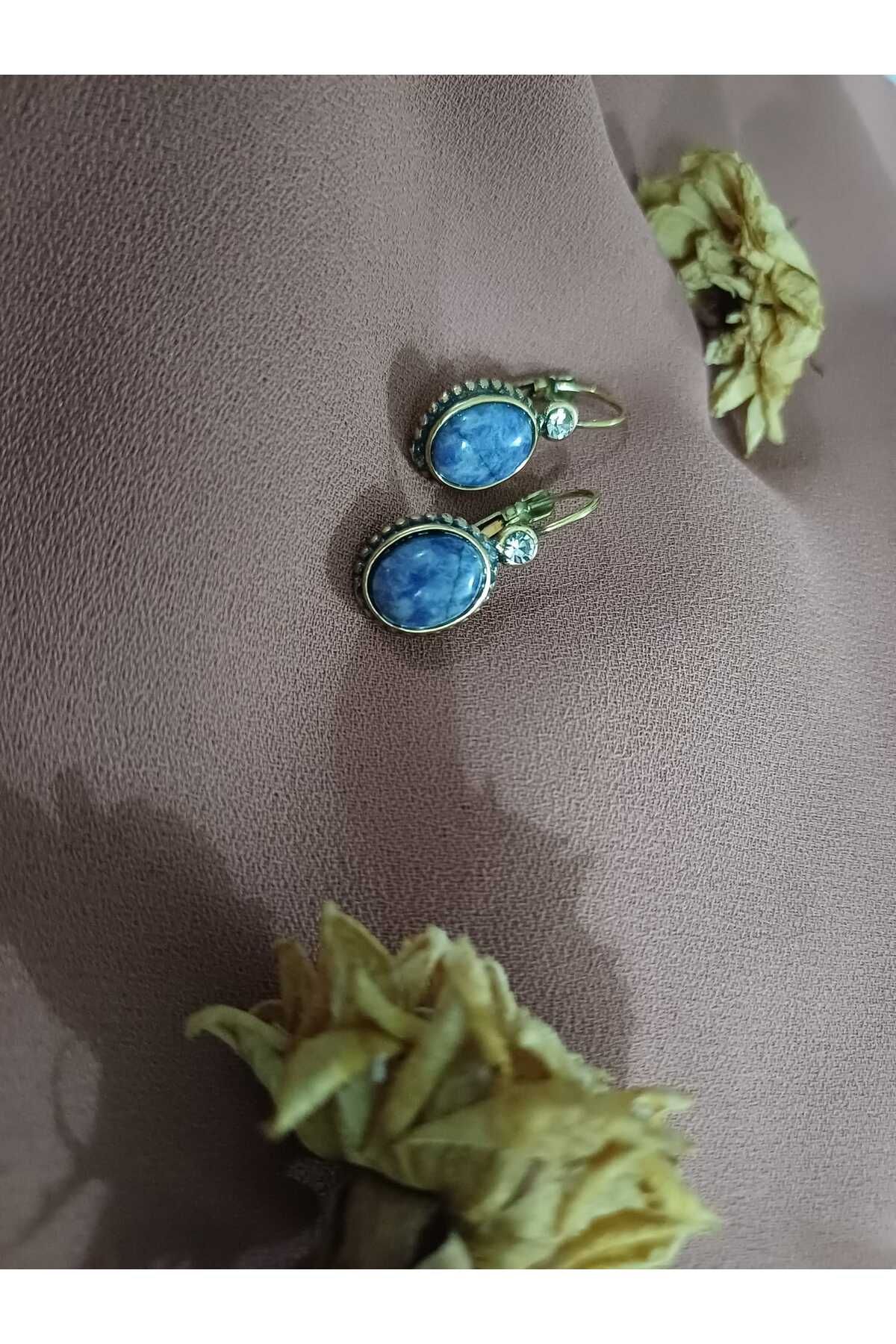 Doğal Lapis Lazuli Taşlı Sallantılı Küpe