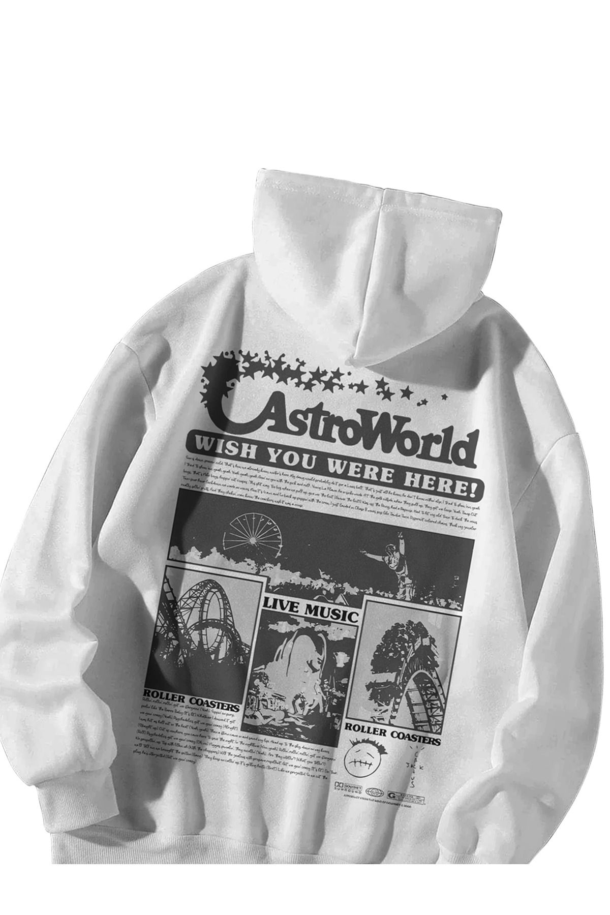 Kadın Erkek Beyaz Travis Scott Wish You Were Here Baskılı Oversize Kapşonlu Kanguru Cepli Hoodie