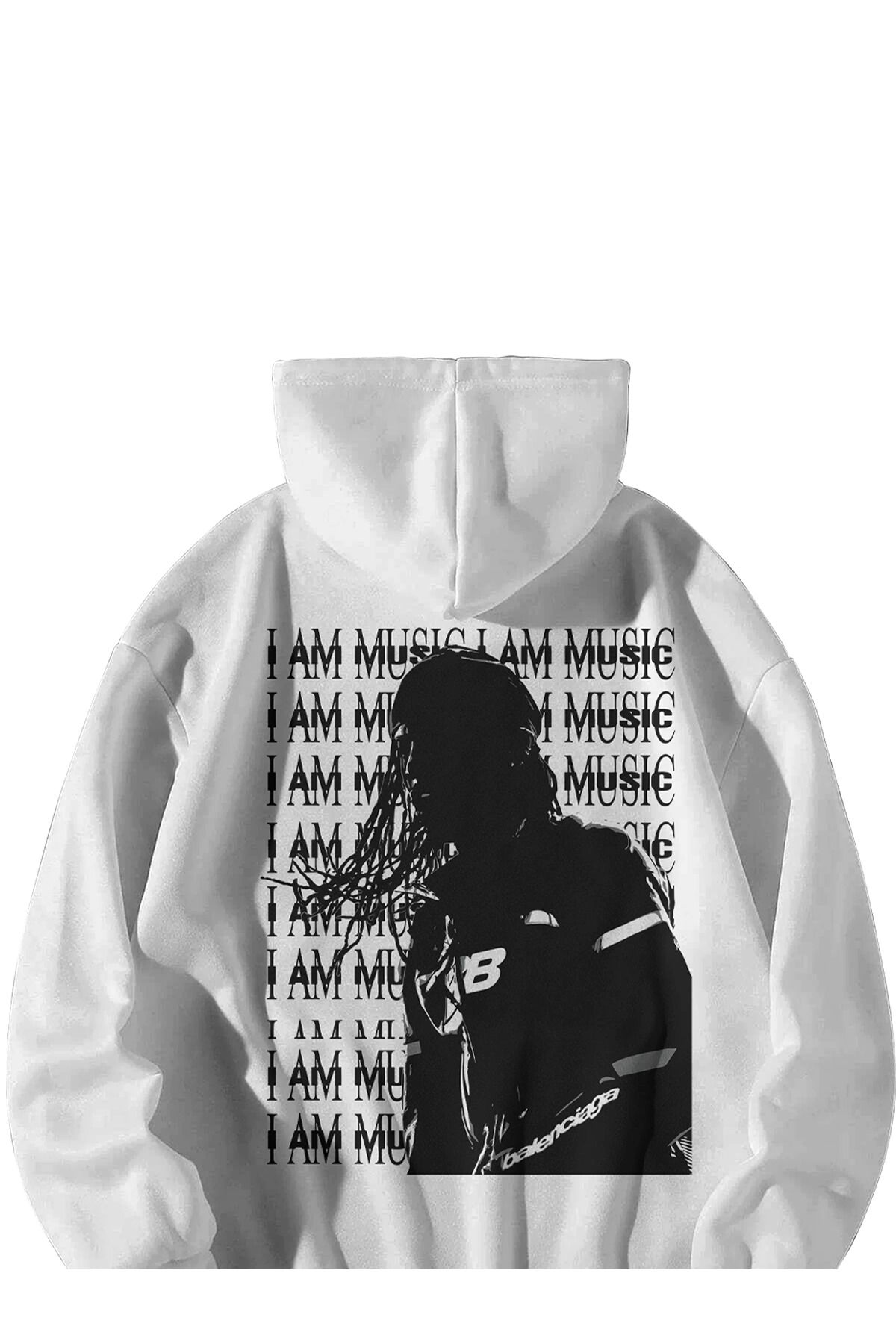 Kadın Erkek Beyaz Playboi Carti I am Music Baskılı Oversize Kapşonlu Kanguru Cepli Hoodie