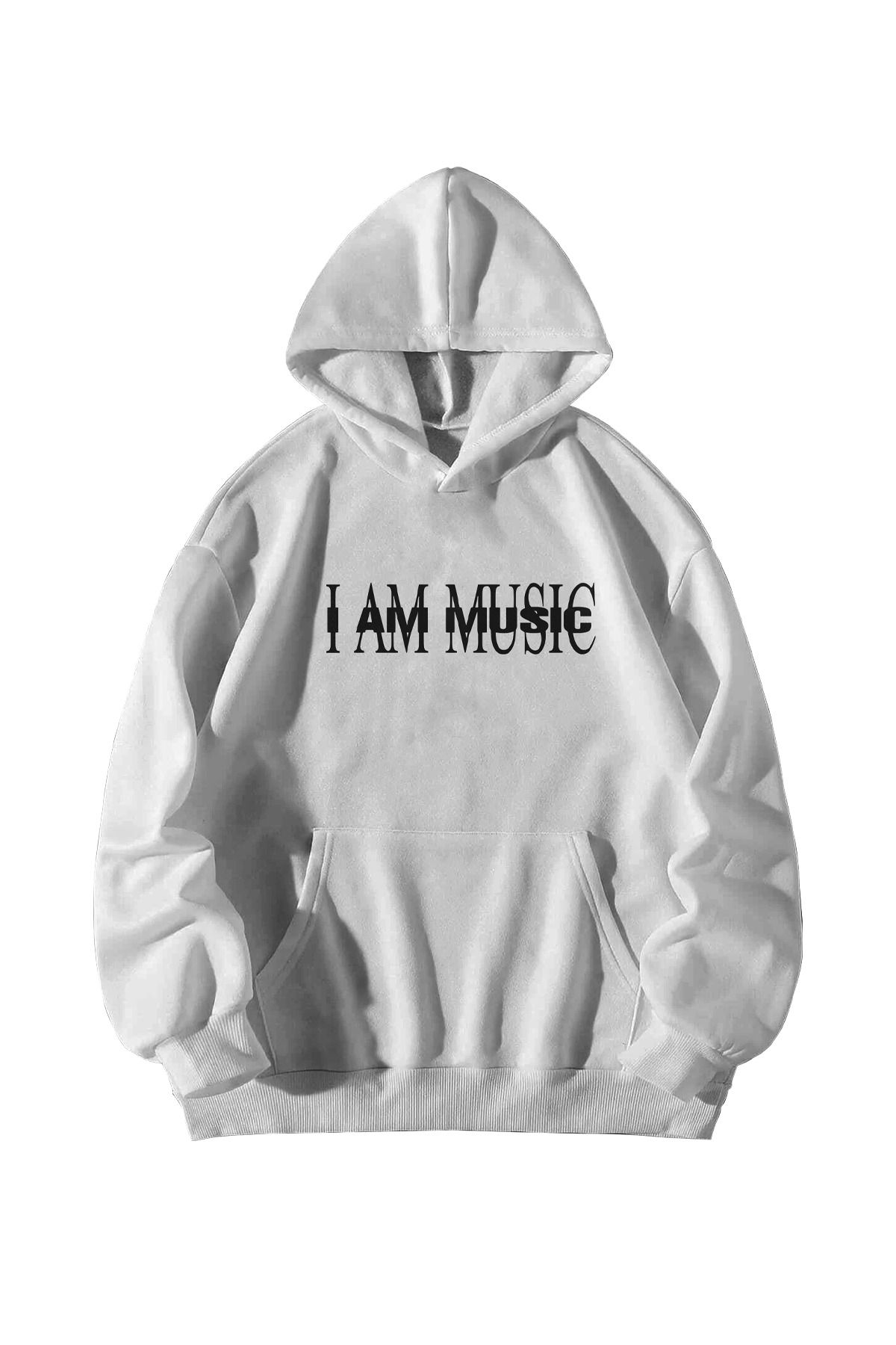 Kadın Erkek Beyaz Playboi Carti I am Music Baskılı Oversize Kapşonlu Kanguru Cepli Hoodie