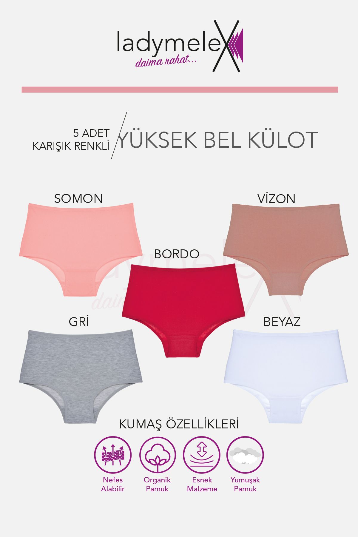 Kadın Külot, Yüksek Bel Külot, 5'li Paket, Karışık Renkli (S-M-L-XL-2XL-3XL) %100 Yumuşak