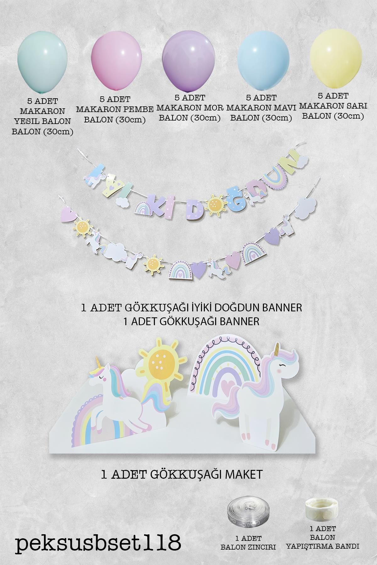 Gökkuşağı Unicorn Konsept Bannerlı Masa Üstü Pano Setli Balon Zinciri Seti