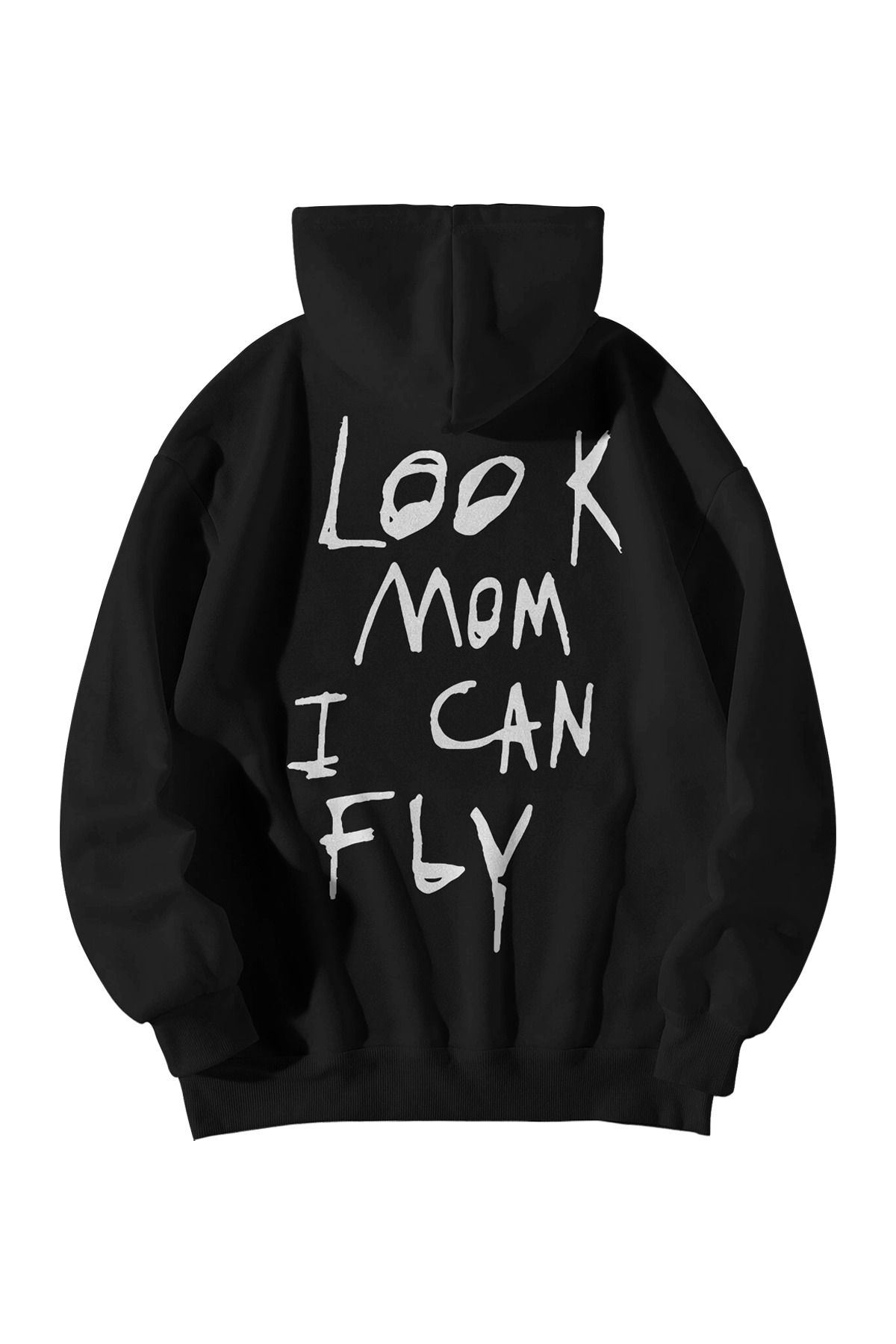 Unisex Siyah Travis Scott Fein Look Mom I Can Fly Baskılı Oversize Kapşonlu Kanguru Cepli Hoodie