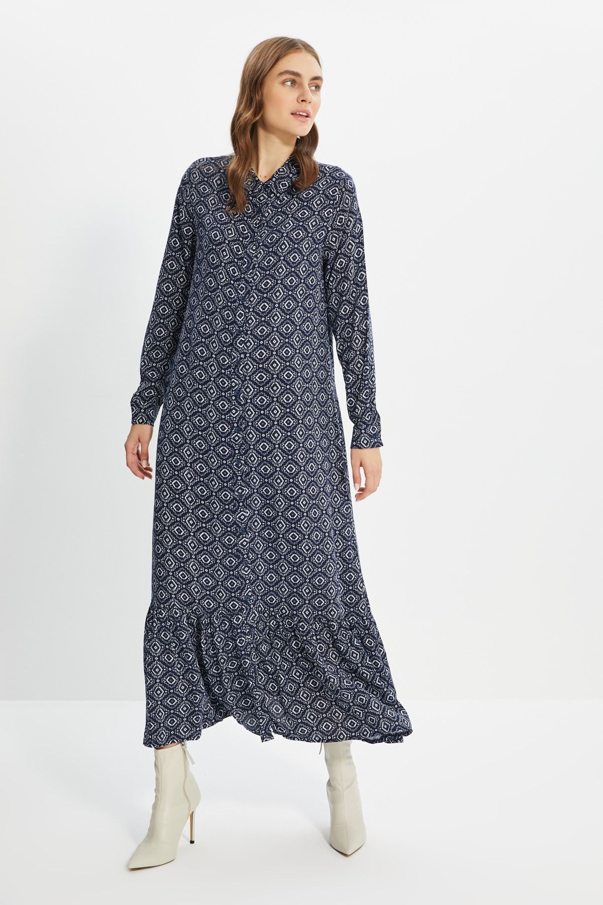 Trendyol Modest Lacivert Gömlek Elbise TCTAW22EB0037