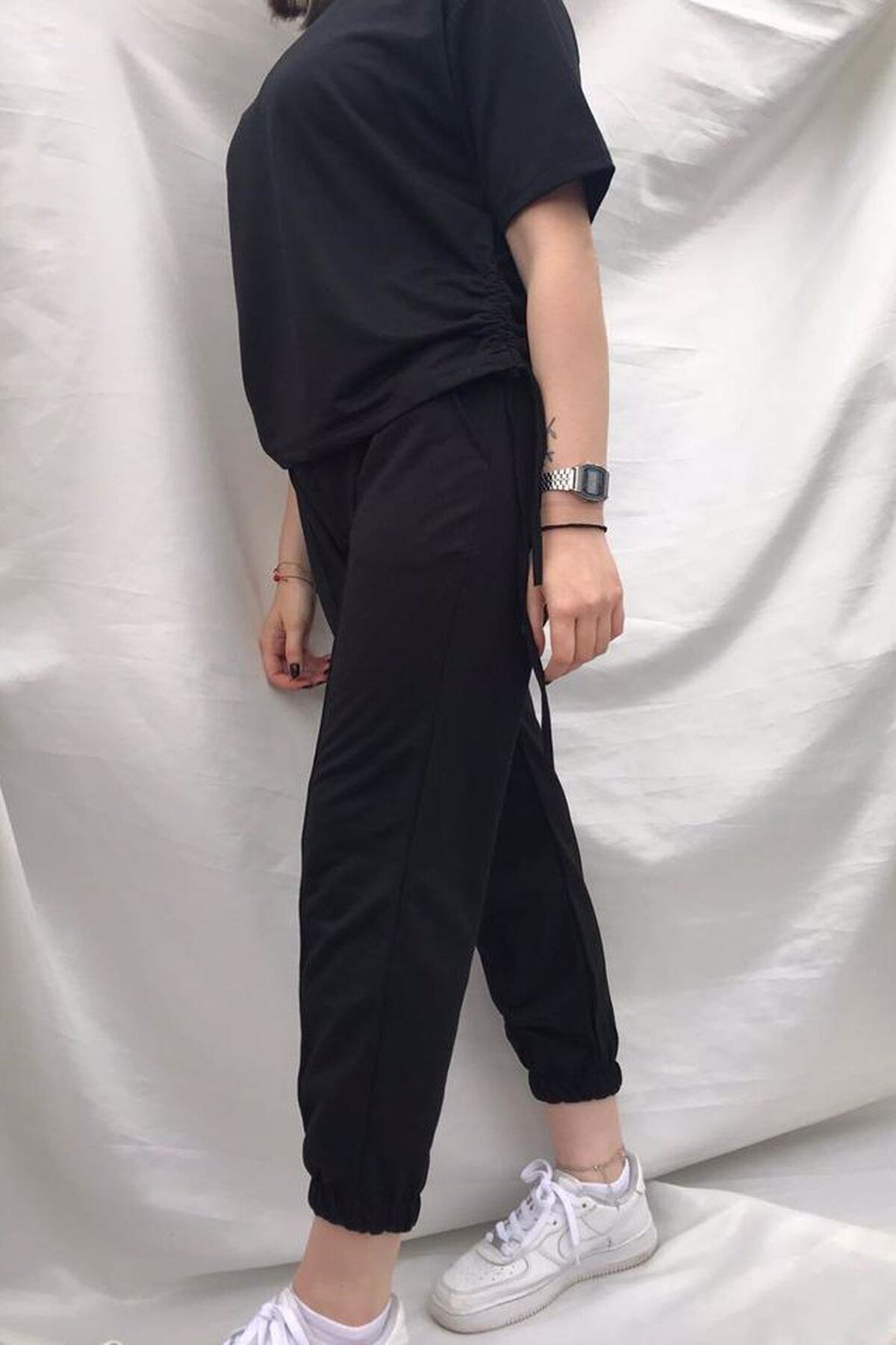 ANWA MODA Kadın Siyah Büzgülü Spor Alt Üst Takım