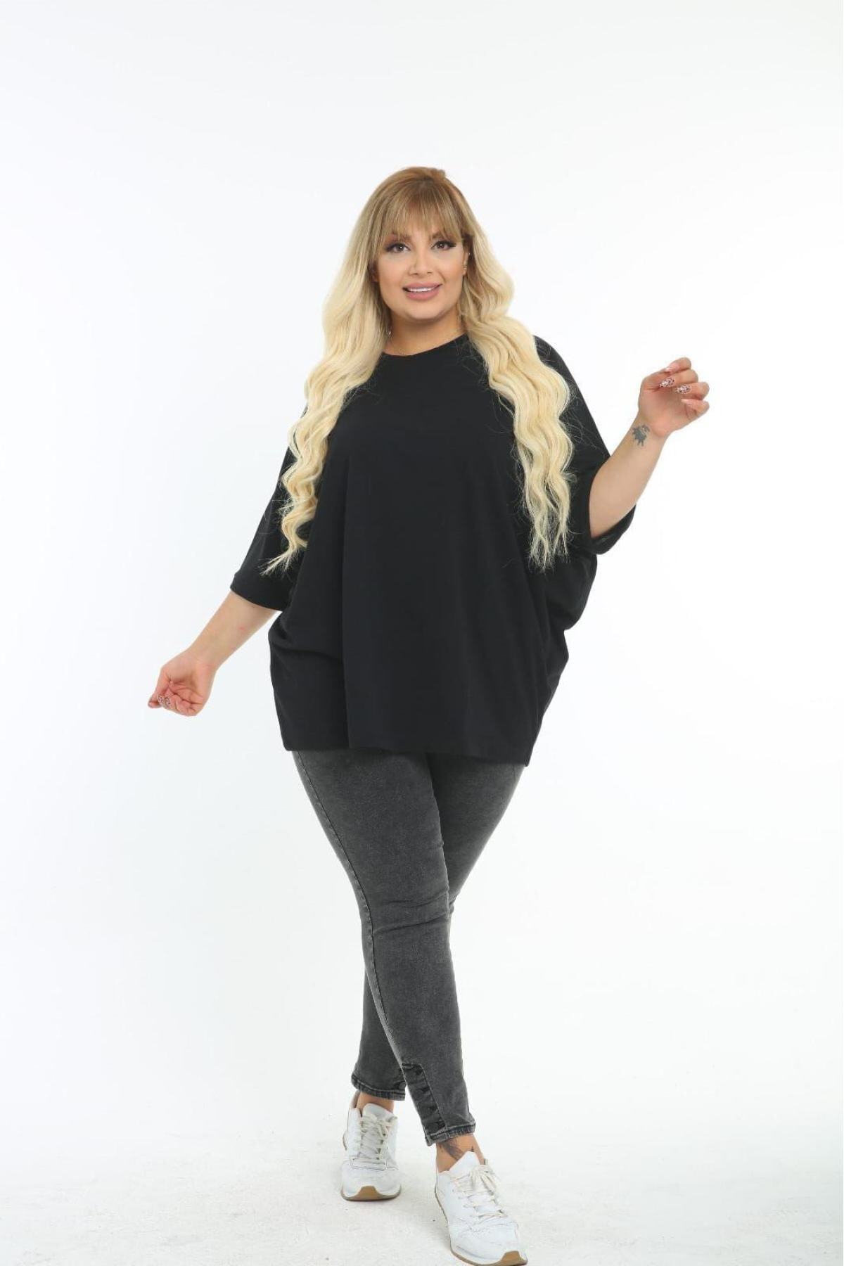 SİZ Kadın Düz Renk Yarım Kol Yazlık Büyük Beden Tshirt