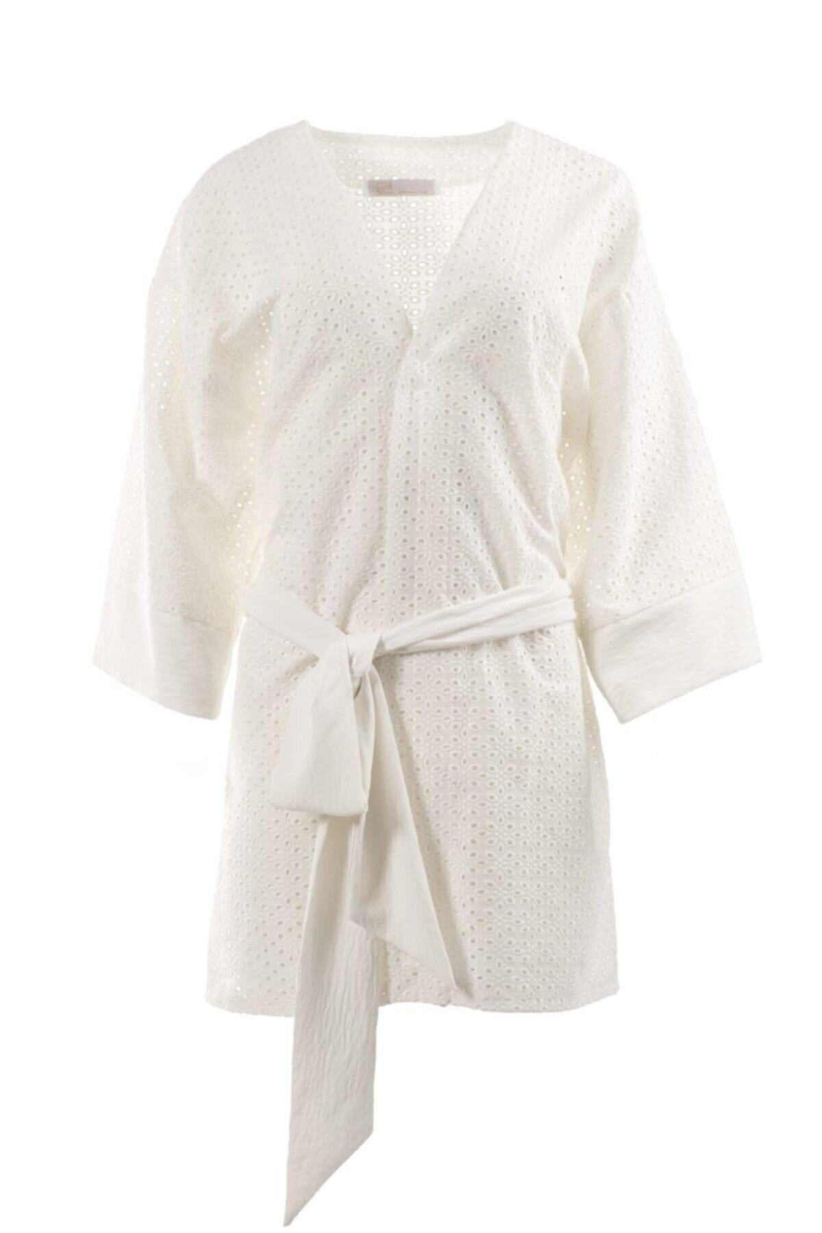 ELEFANTE Laıla, Fistolu Beyaz Kimono, Plaj Kıyafeti, Pamuklu Fistolu Kimono
