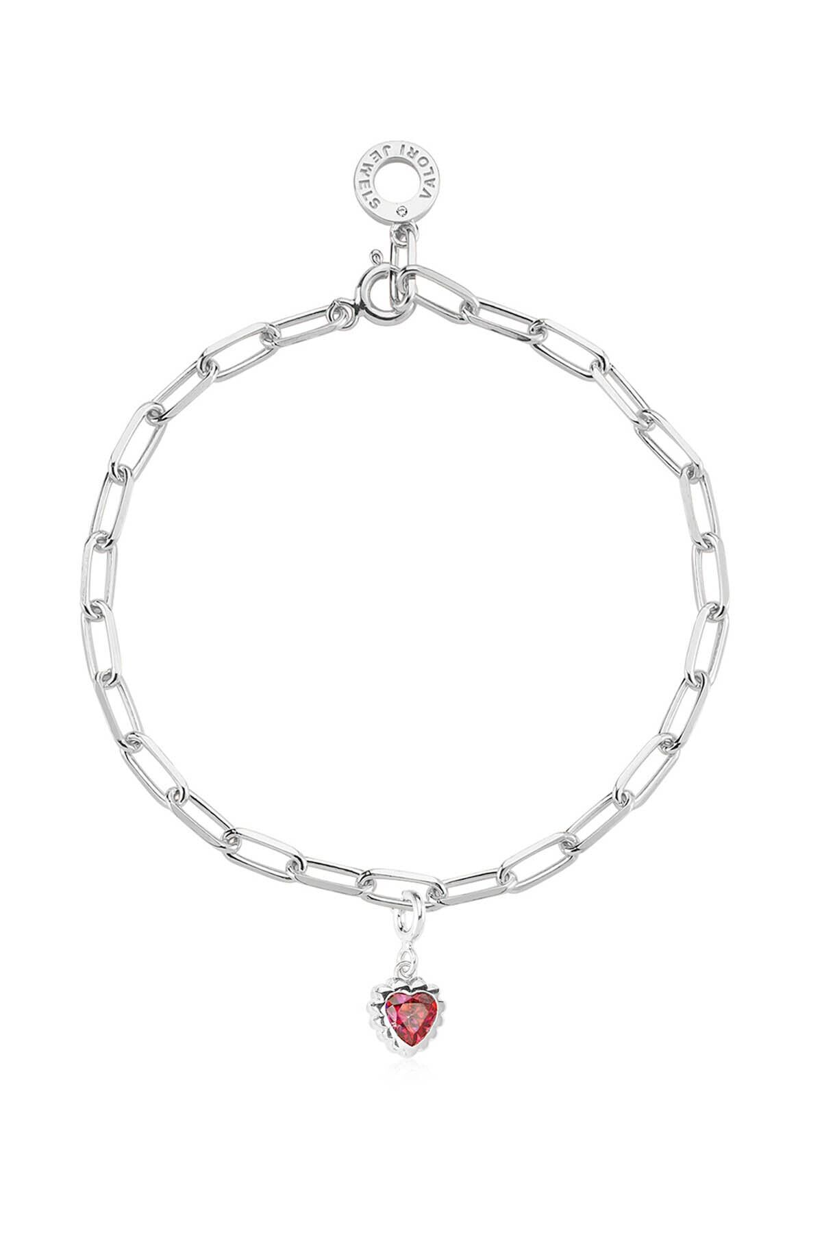 Valori Jewels Kalp, Zirkon Kırmızı Taşlı, Gümüş Charm Bileklik Kombini