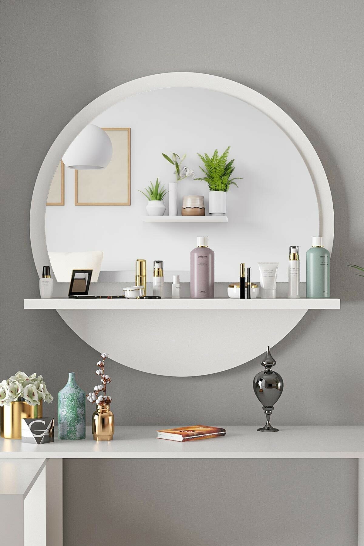 meDDex Yuvarlak Beyaz Raflı 58cm Ayna Koridor Dresuar Konsol Duvar Salon Mutfak Banyo Ofis Çocuk Yatak Oda