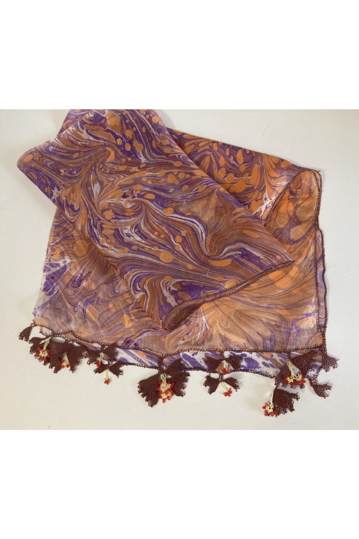 KAFTAN TAKI TASARIM Iğne Oyası Voal Ipek Ebru Boyalı Fular Bandana Olarak Kullanıma Uygun 27/110 Cm