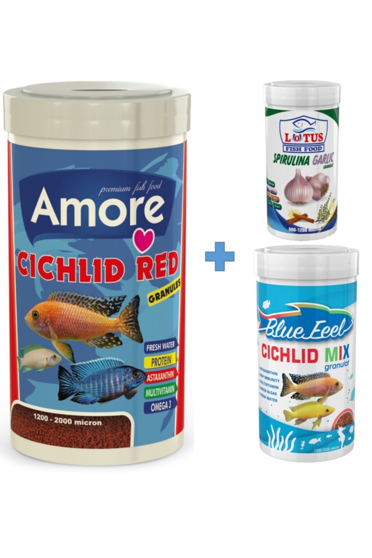 AMORE Cichlid Red 1000ml + Bluefeel Mix 250ml + Lotus Spirulina Garlic 100ml Kutu