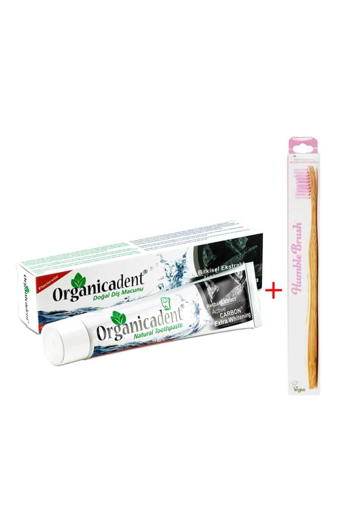 Organicadent Aktif Karbonlu Doğal Diş Macunu + Humble Brush Diş Fırçası Pembe