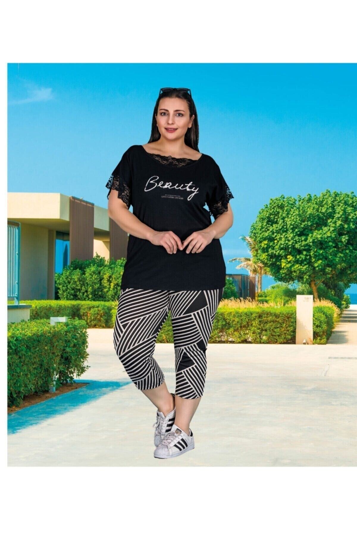 quilling Kadın Siyah Renk Büyük Beden Kapri Pijama Takımı Lady 10519