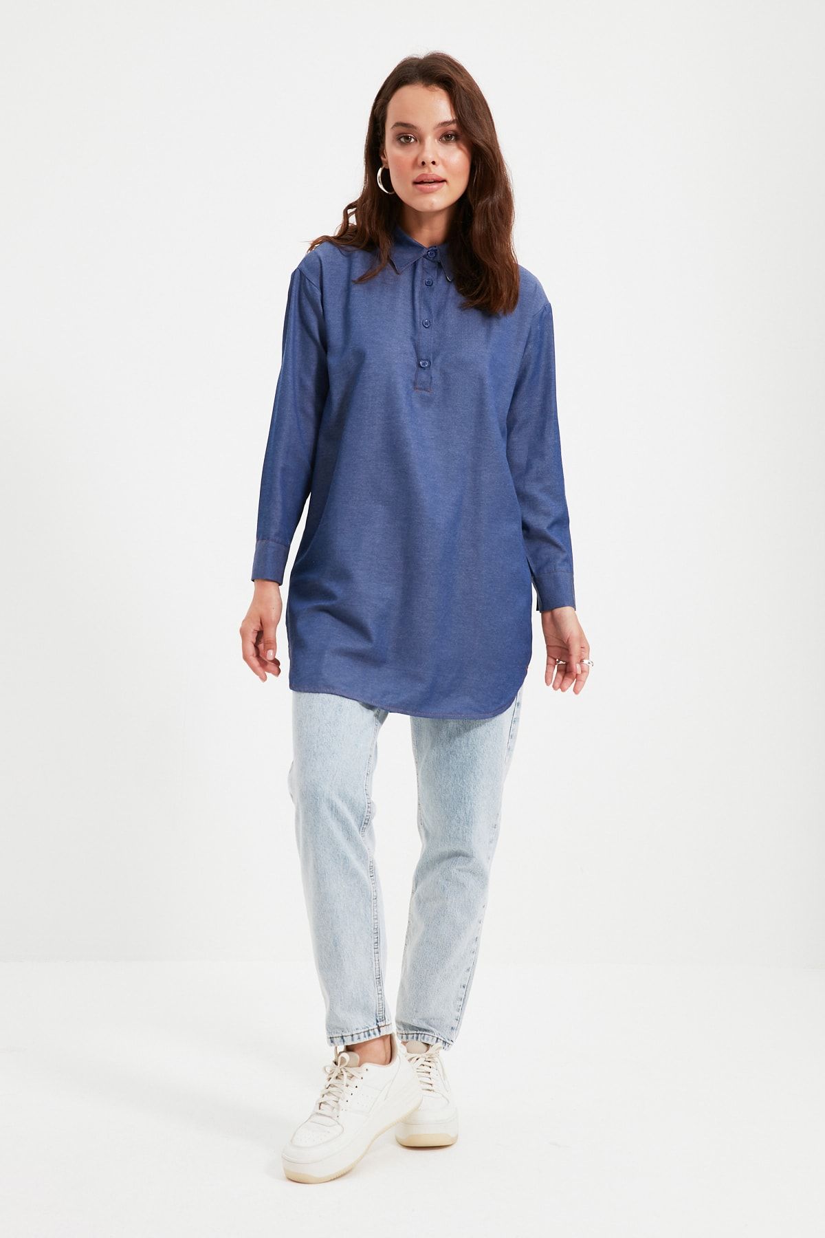 Trendyol Modest Indigo Gömlek Yaka Tunik TCTAW22UK0007