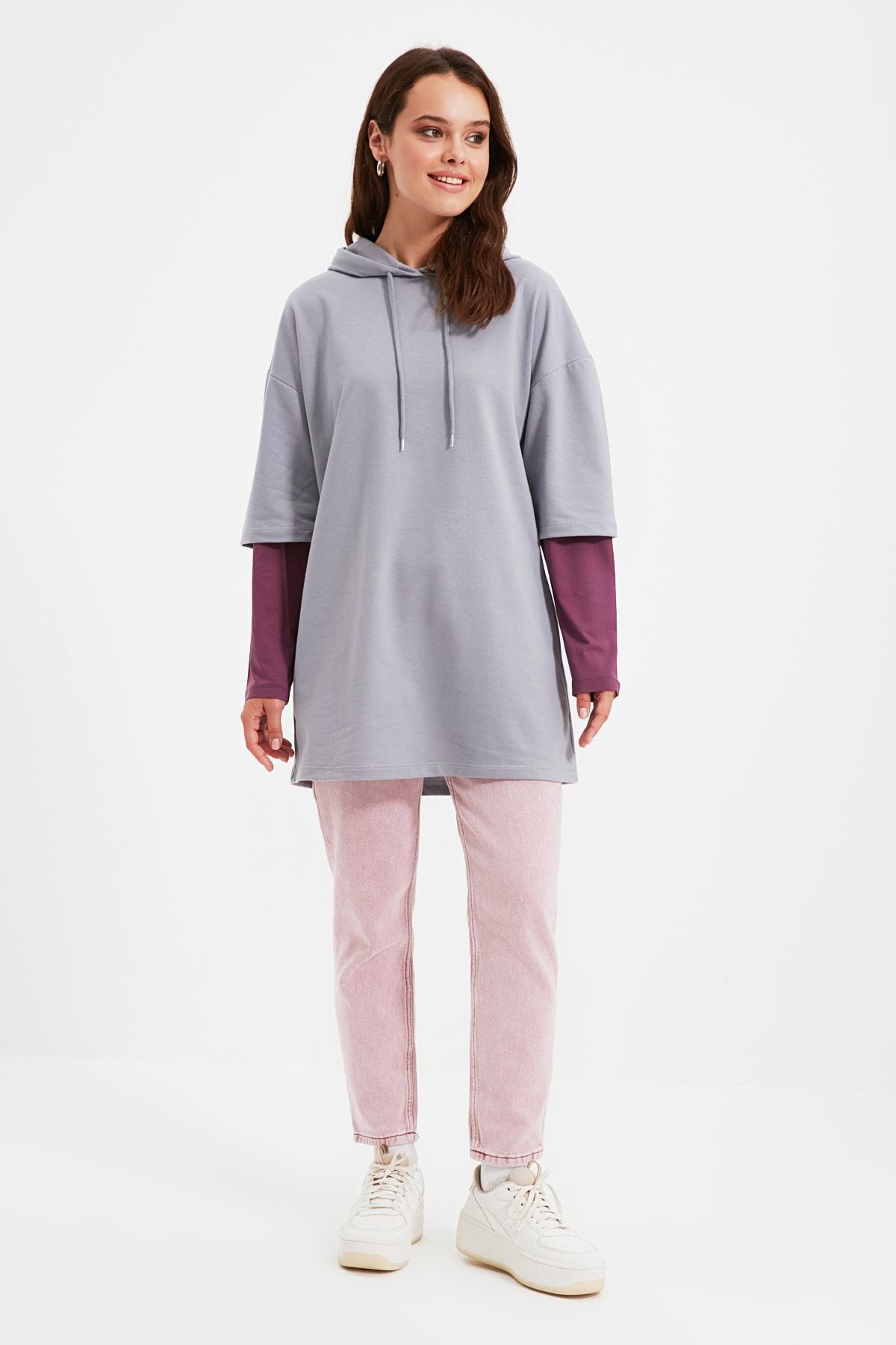 Trendyol Modest Gri İçten T-shirt Çıkma Detaylı Örme Sweatshirt TCTAW22TW0051