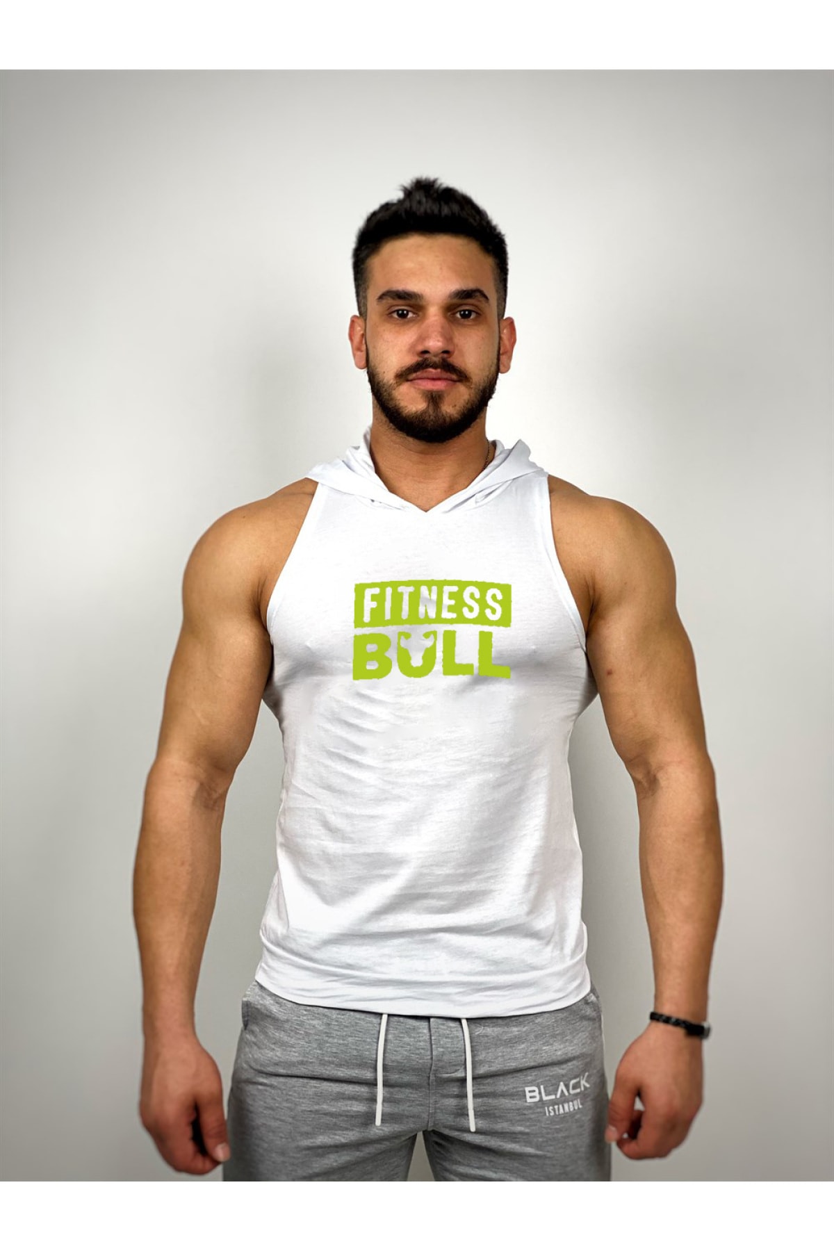 Black İstanbul Beyaz Erkek Regular Fit -fitness Bull- Baskılı Kapüşonlu Kolsuz Sporcu Hoodie
