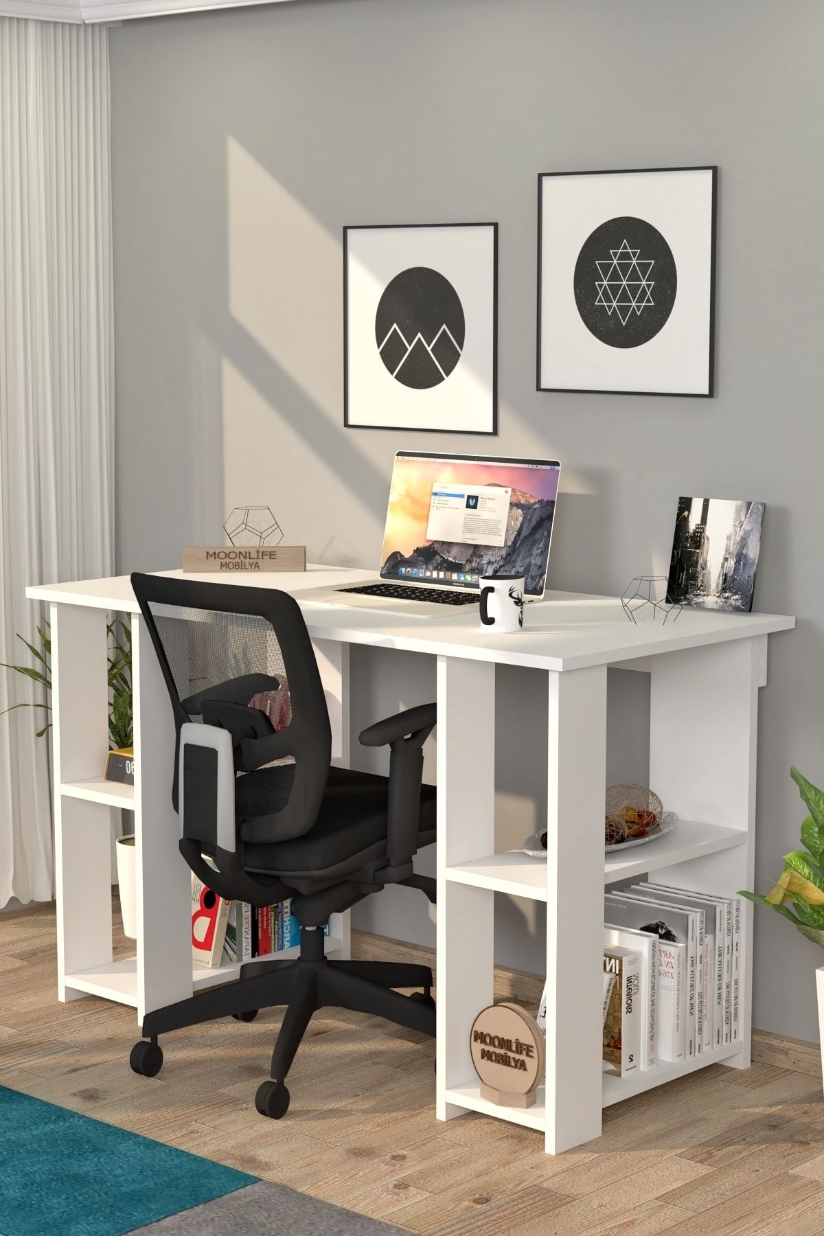 Moonlife Hipo Kitaplıklı Çalışma Masası Beyaz
