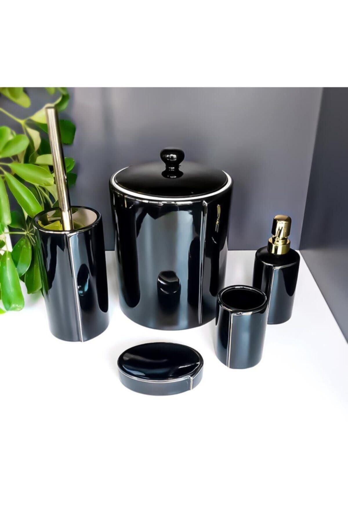 HomeTarz Porselen Gold Banyo Wc Takımı 5 Li Sabunluk Fırçalık Set