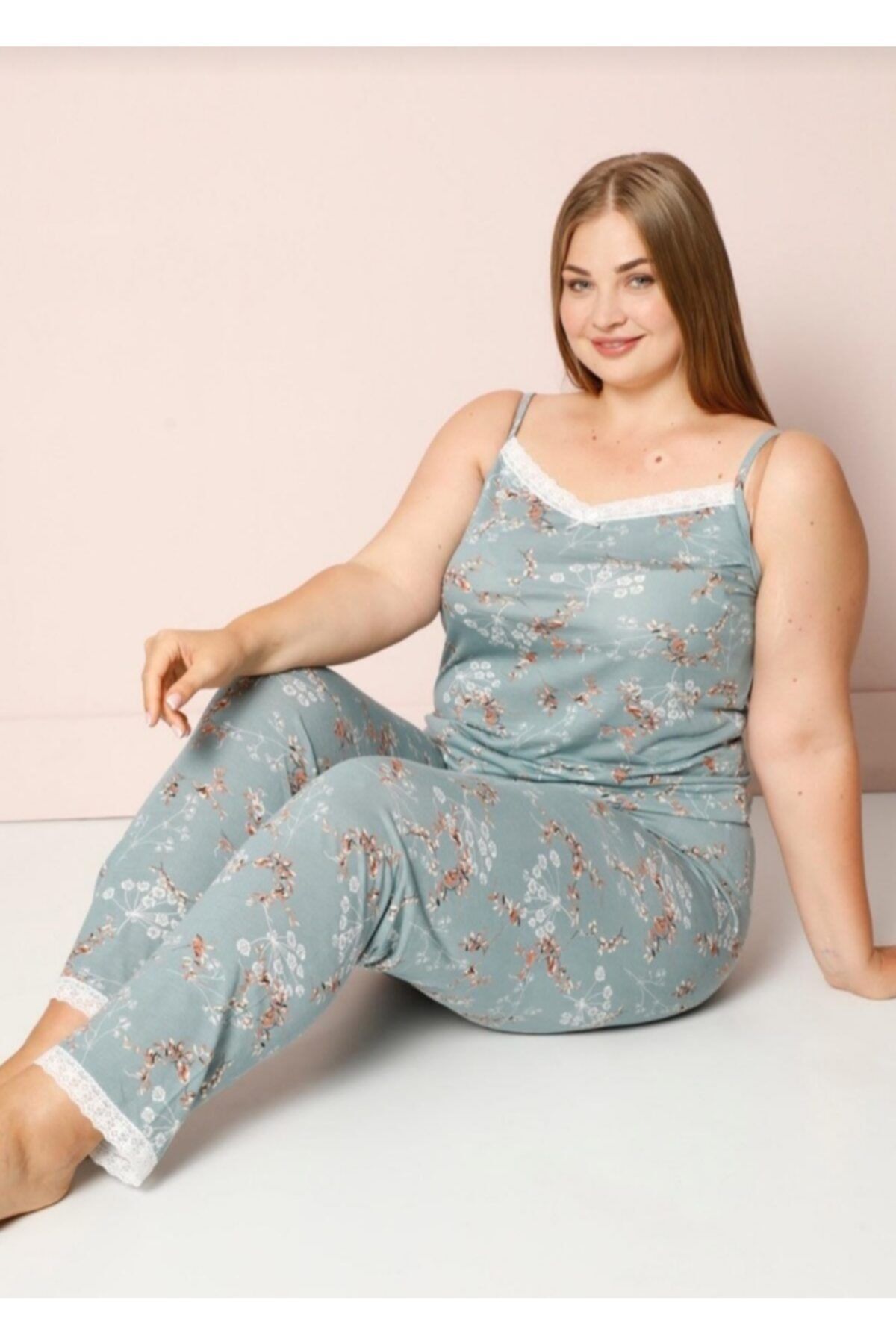 ZENS Pijamoni Büyük Beden Viskon Ip Askılı Pijama Takımı