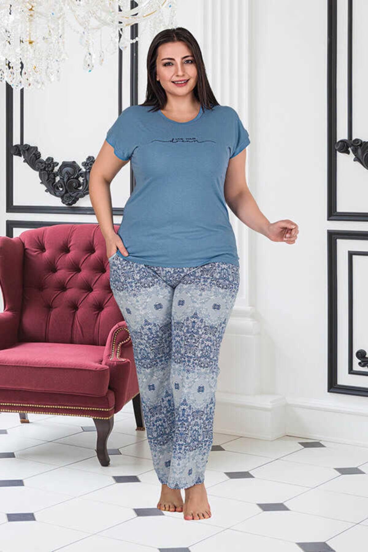 by HW Soft Mavi Büyük Beden Cepli Kısa Kollu Kadın Pijama Takımı 3181