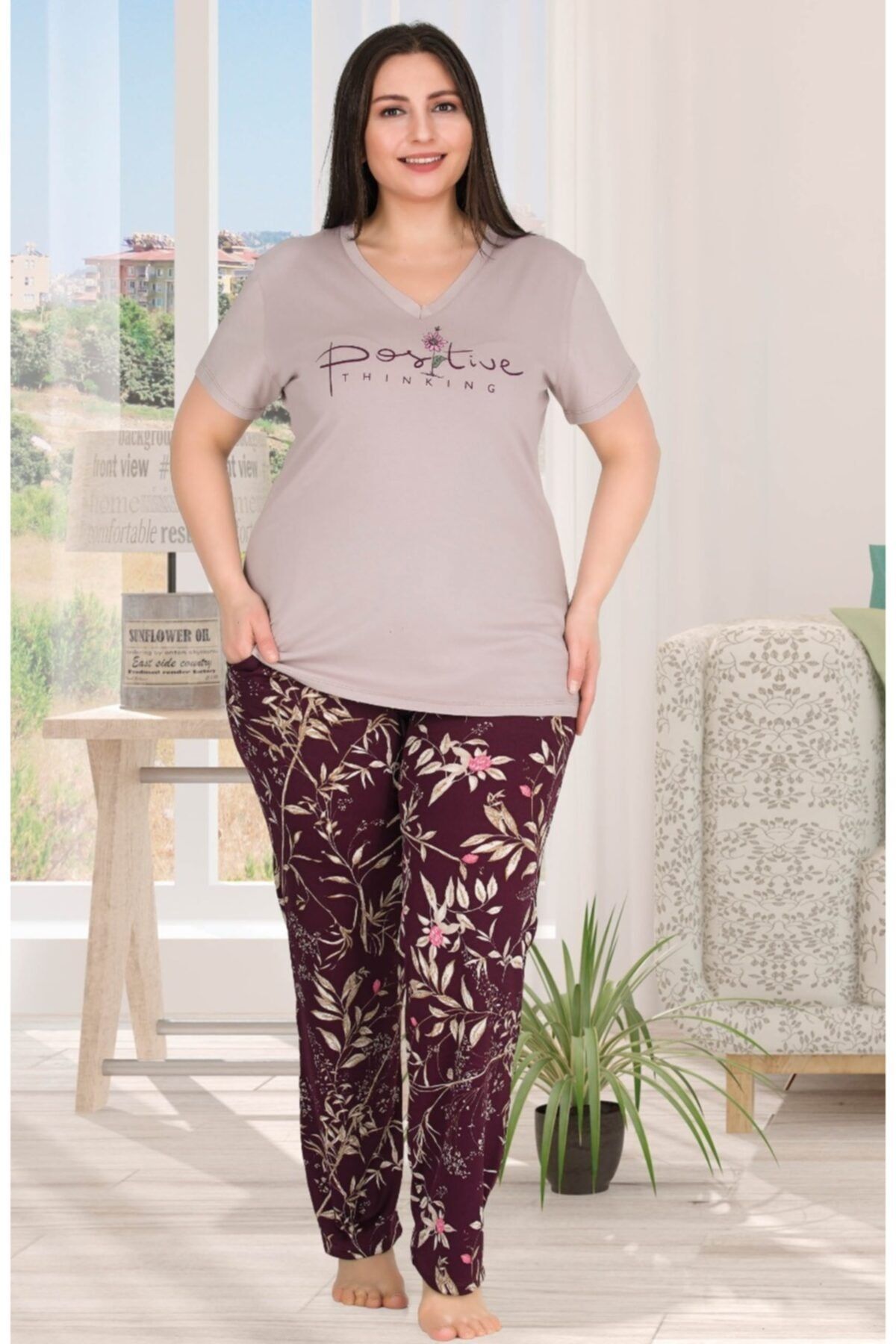 by HW Kadın Vizon Büyük Beden Kısa Kollu Pijama Takımı
