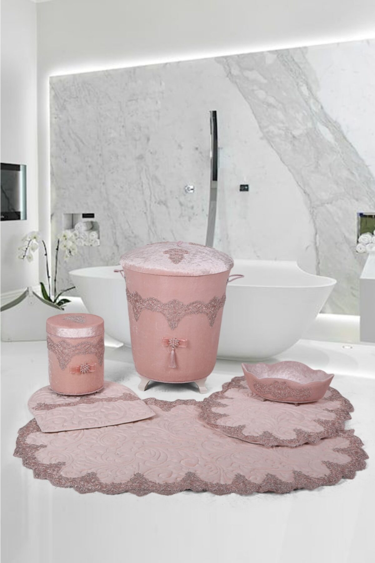 Bonny Home Pudra 6'lı Banyo Seti Kirli Çamaşır Sepeti Seti + Banyo Paspası Seti