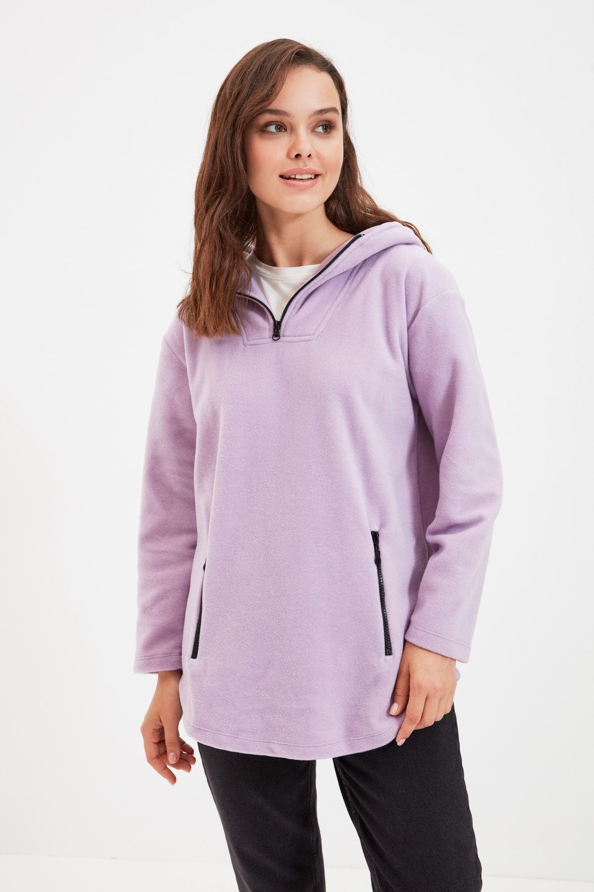 Trendyol Modest Lila Polar Kapüşonlu Örme Sweatshirt TCTAW22TW0026