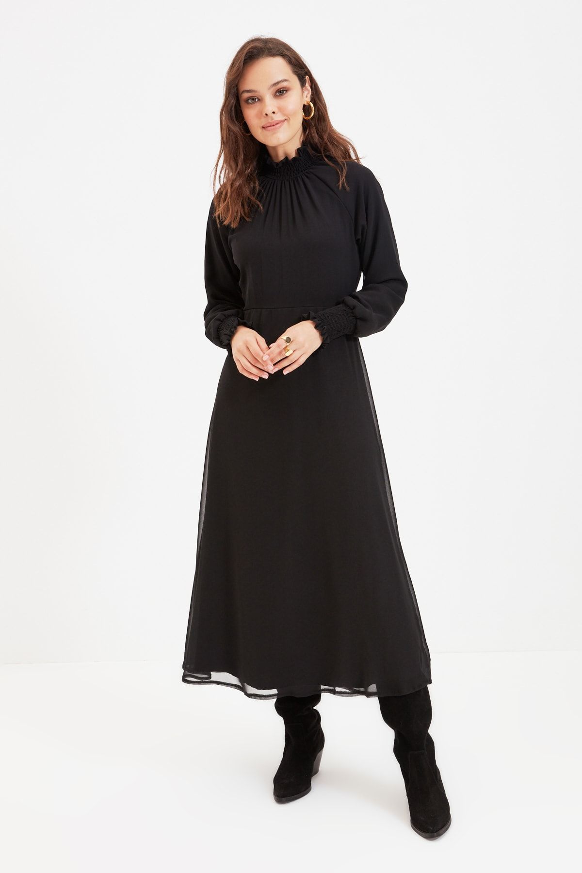 Trendyol Modest Siyah Astarlı Şifon Elbise TCTAW22EB0035