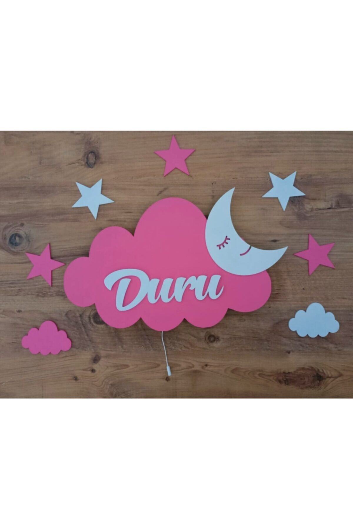 Babystasarım Ahşap Işıklı Pembe & Beyaz Aydede Bulut Set Çocuk Odası Gece Lambası Aydınlatma