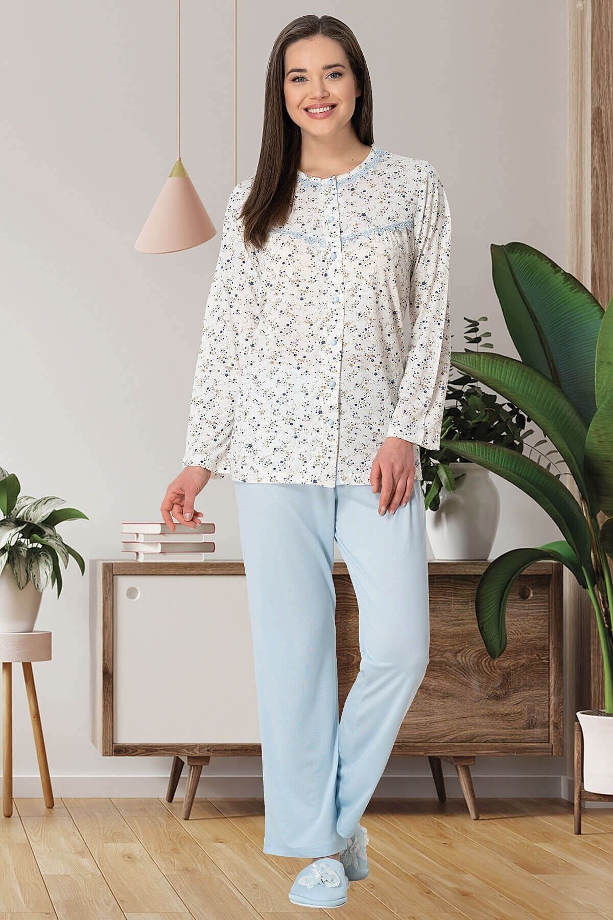 by HW Kadın Mavi Büyük Beden Önden Düğmeli Pijama Takımı