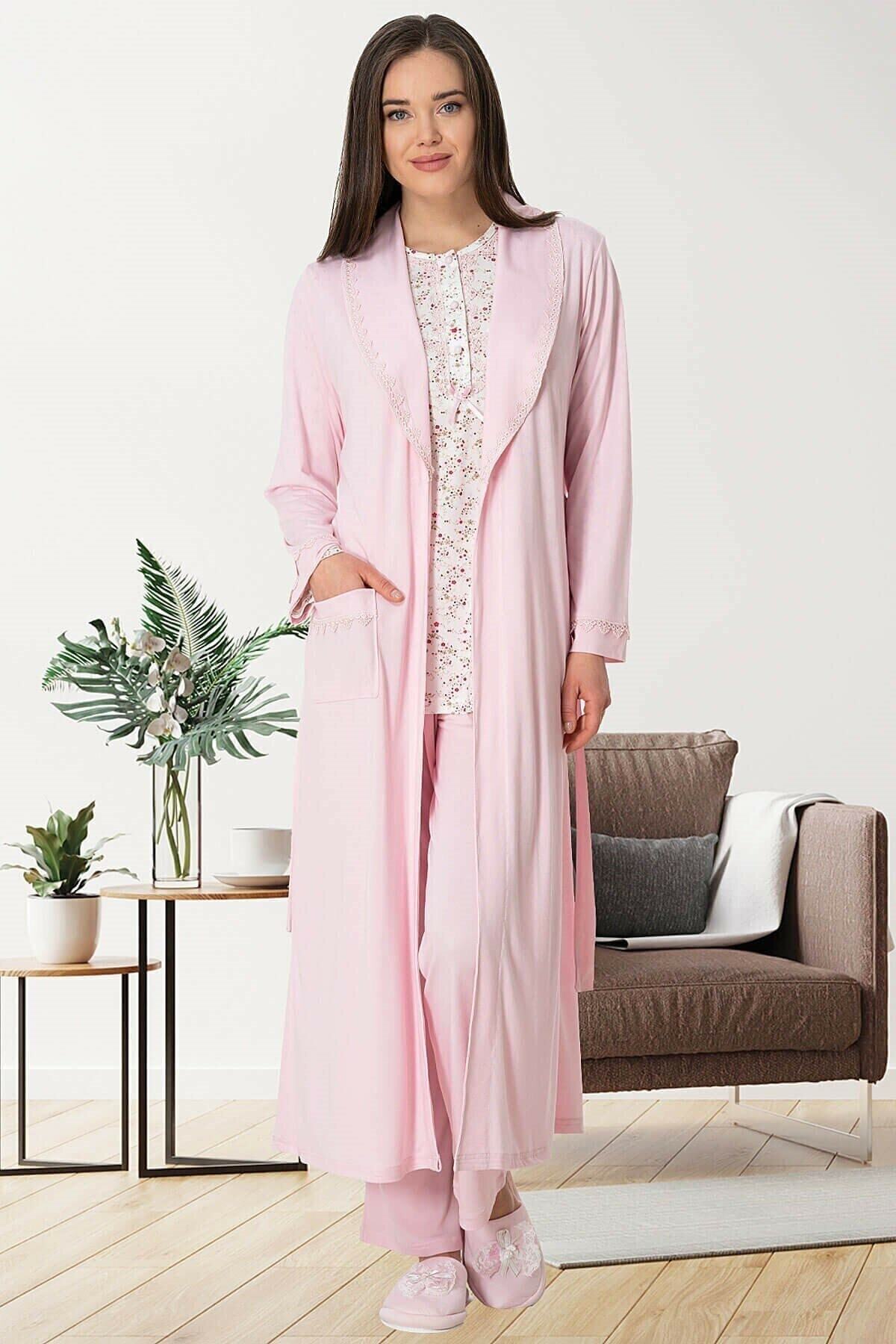 by HW Kadın Pembe Büyük Beden Sabahlıklı Pijama Takımı