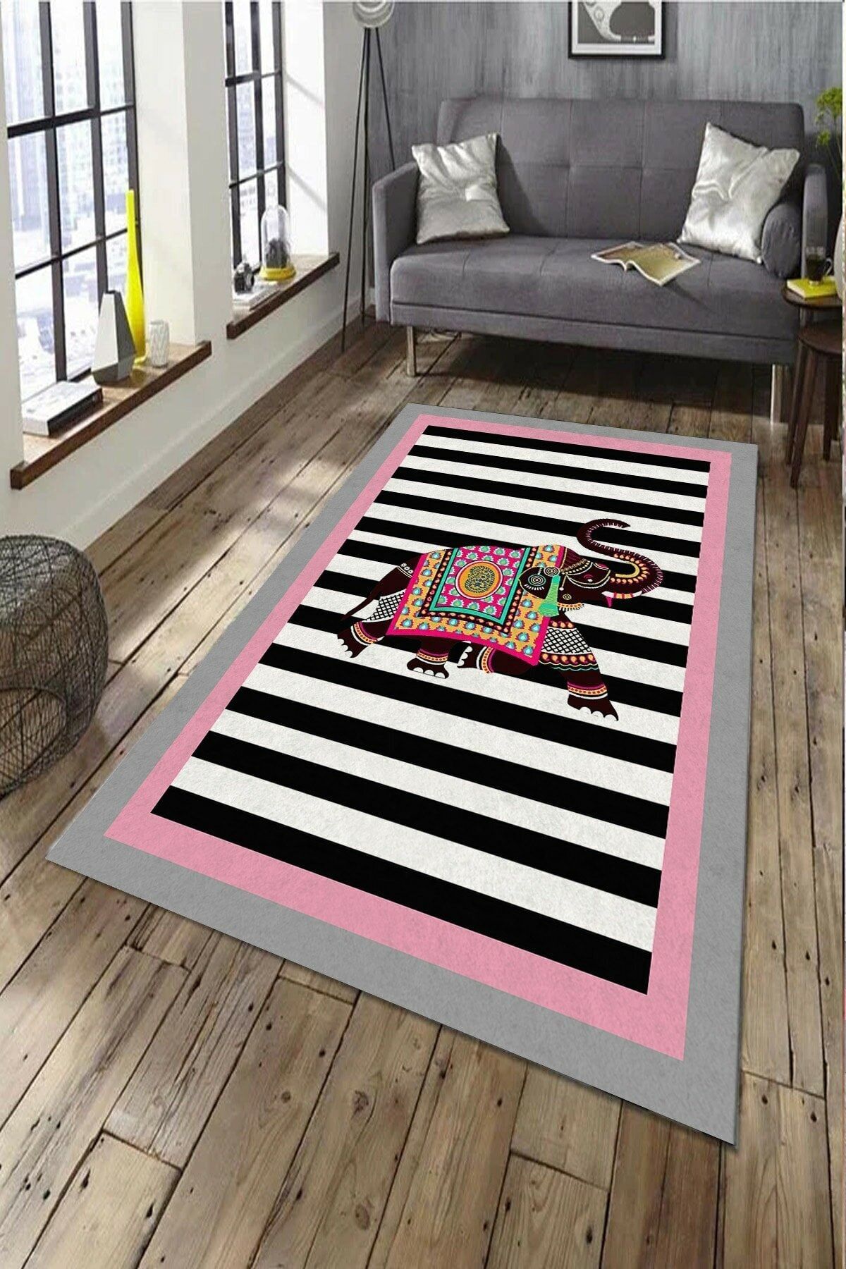 BİLECENHOME Dijital Baskılı Kaymaz Dot Taban Pembe Fil Desenli Çocuk Odası Halısı