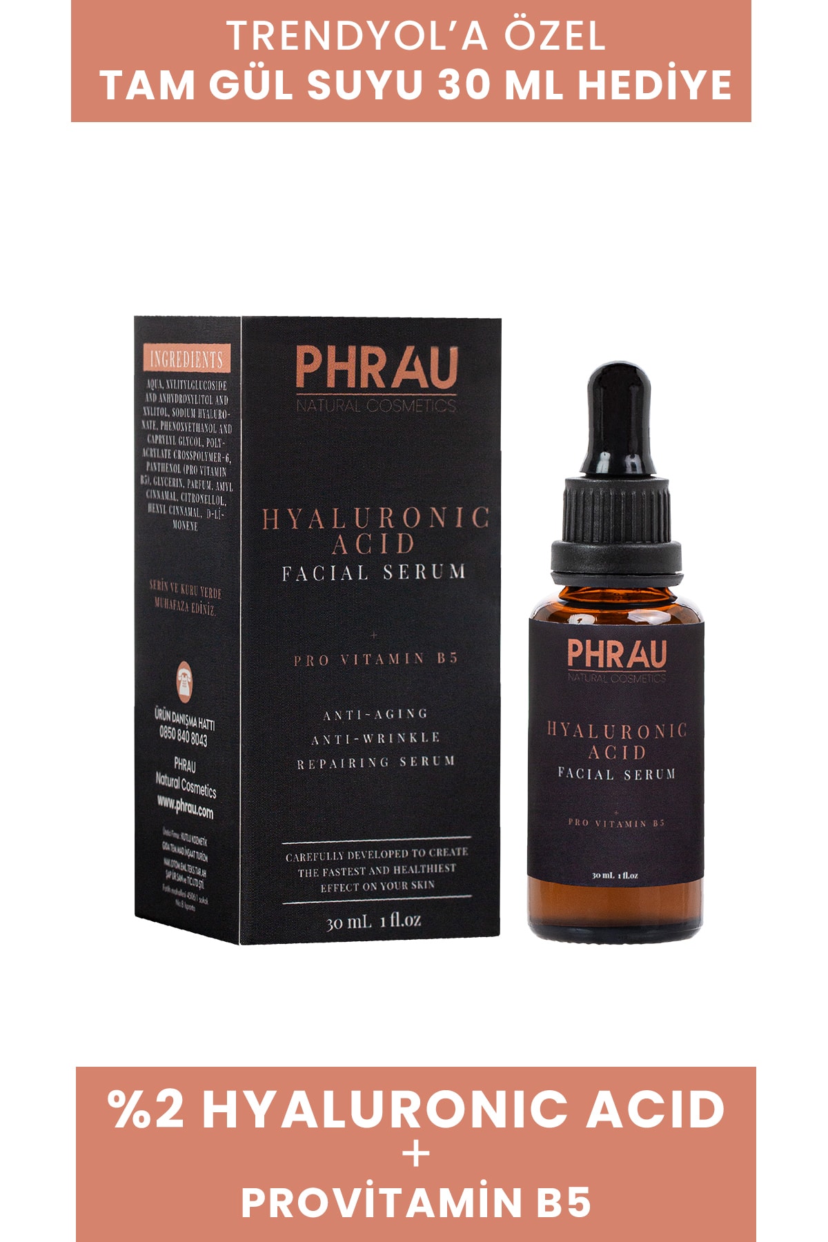 Phrau Yoğun Nemlendirici Ve Kırışıklık Karşıtı Hyaluronik Asit Serum (provitamin B5 Destekli )