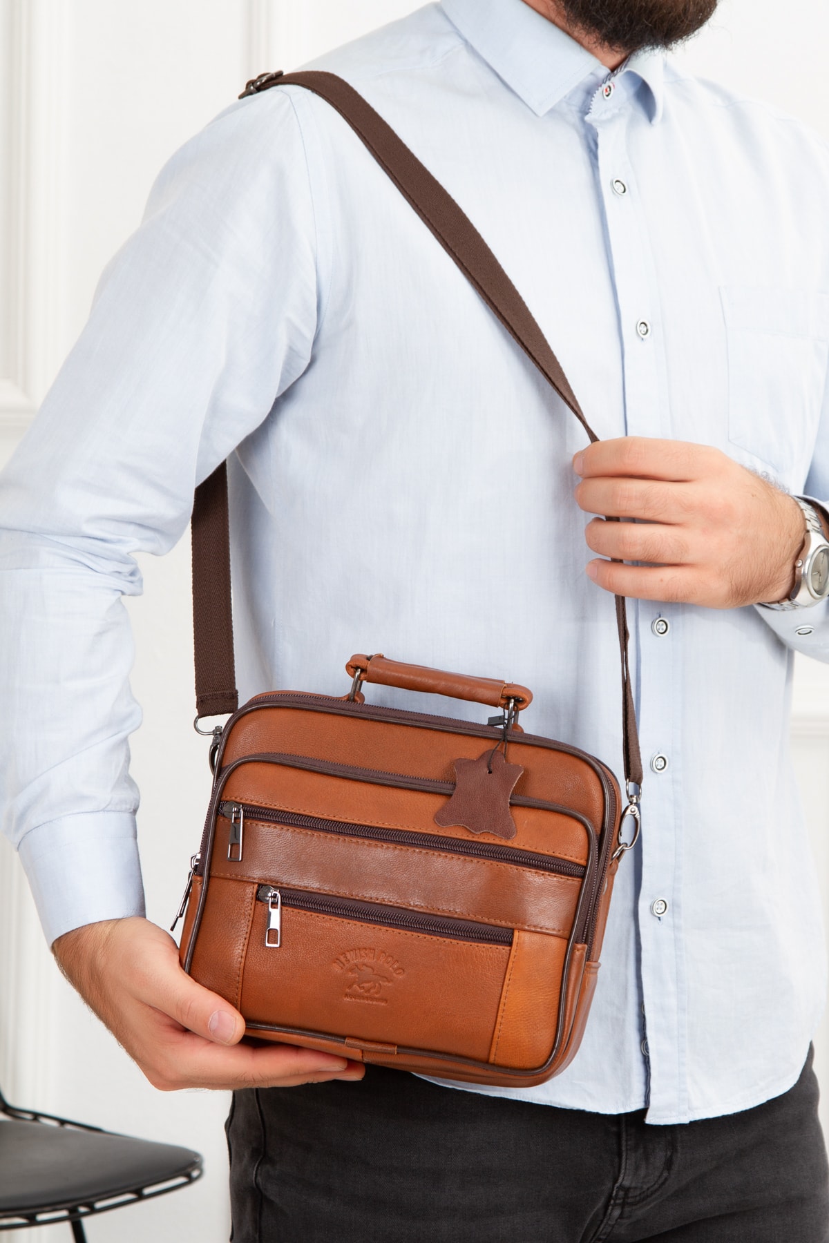 Newish Polo Cerff Leather Clup Taba Yatık Büyük Deri Çanta (23x20cm)