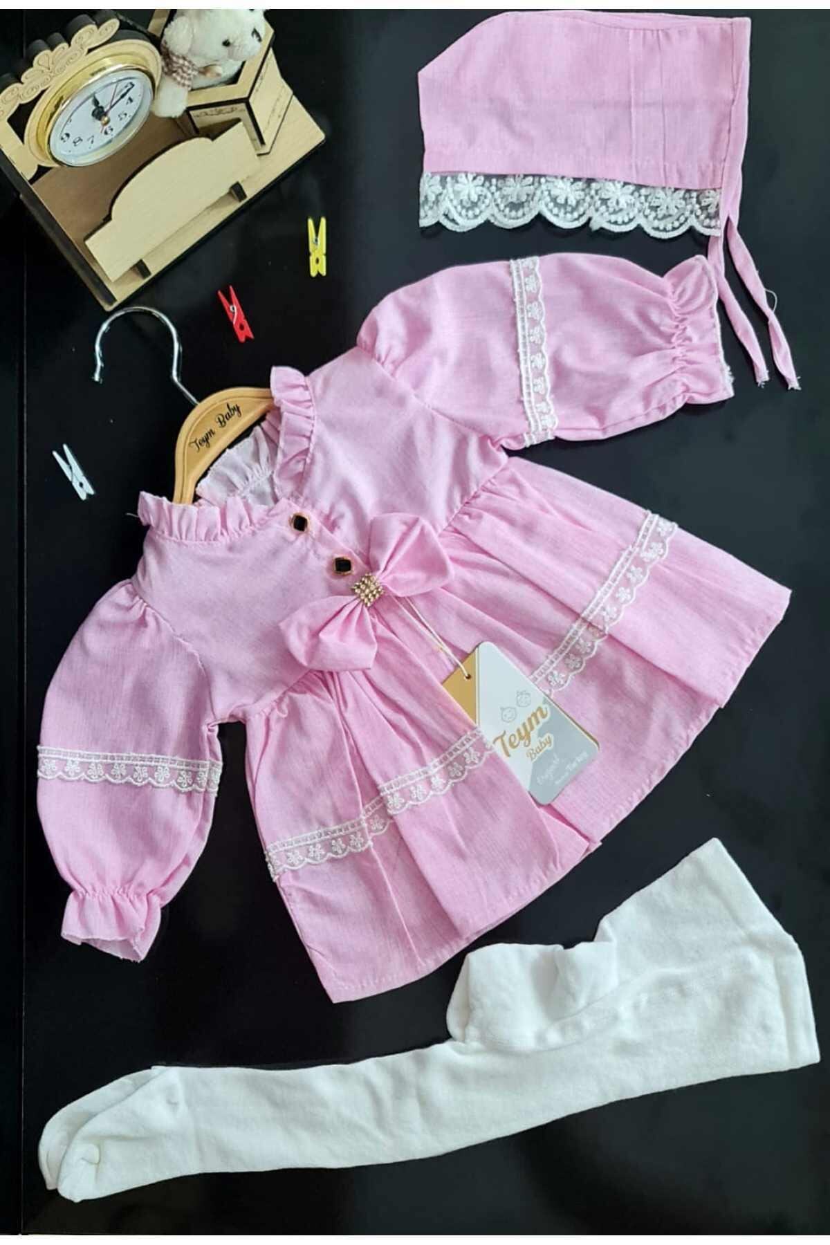 Teym Baby Kız Çocuk Elbise Külotlu Çorap Şapka Takım 3'lü