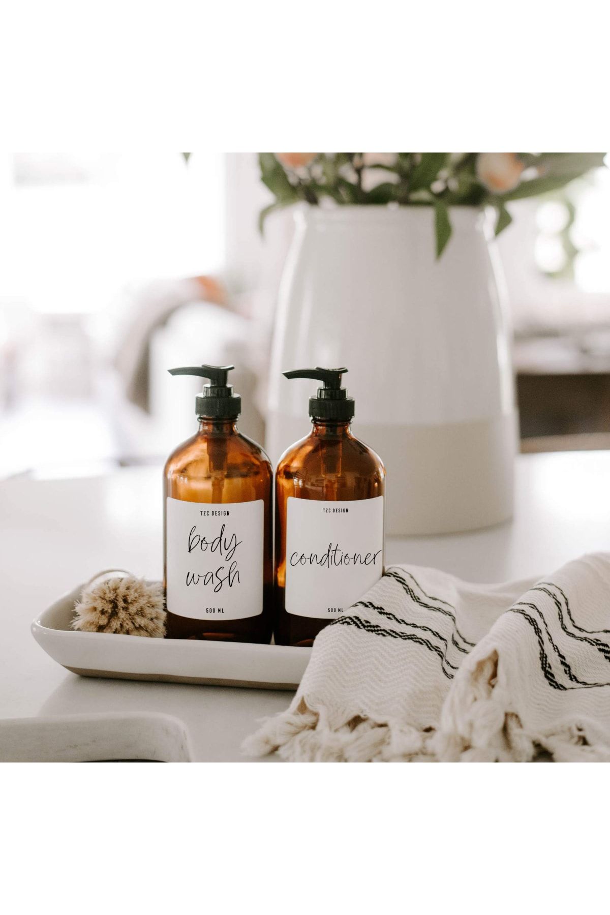 Tzc Desing 500 Ml Amber Cam Şişe Banyo Seti Body Wash Conditioner - Duş Jeli Saç Kremi 2li Set