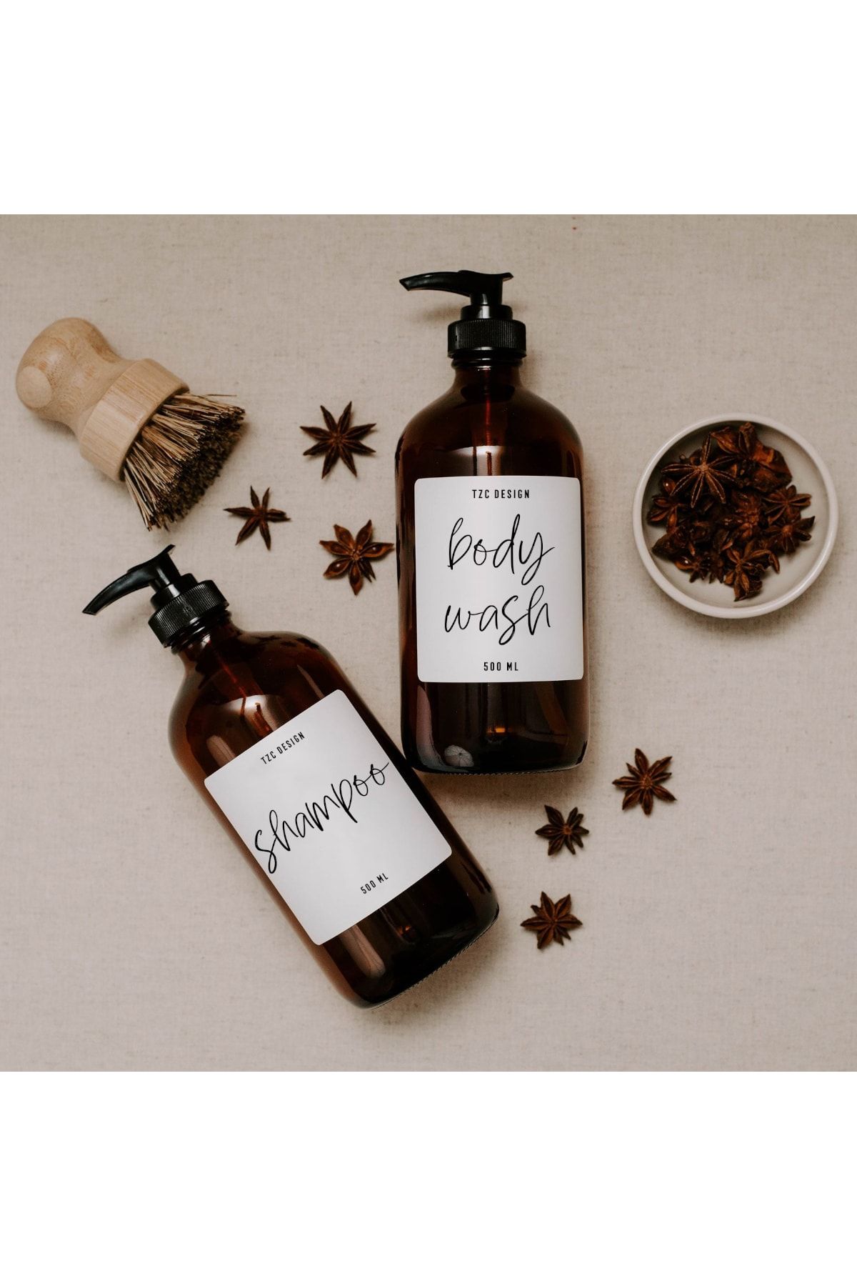 Tzc Desing 500 Ml Amber Cam Şişe Banyo Seti Shampoo Body Wash - Şampuan Duş Jeli 2li Set