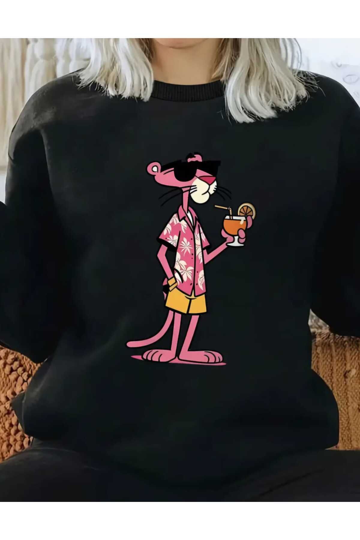 Pembe Panter Baskılı Bisiklet Yaka Oversize Sweatshirt Kadın