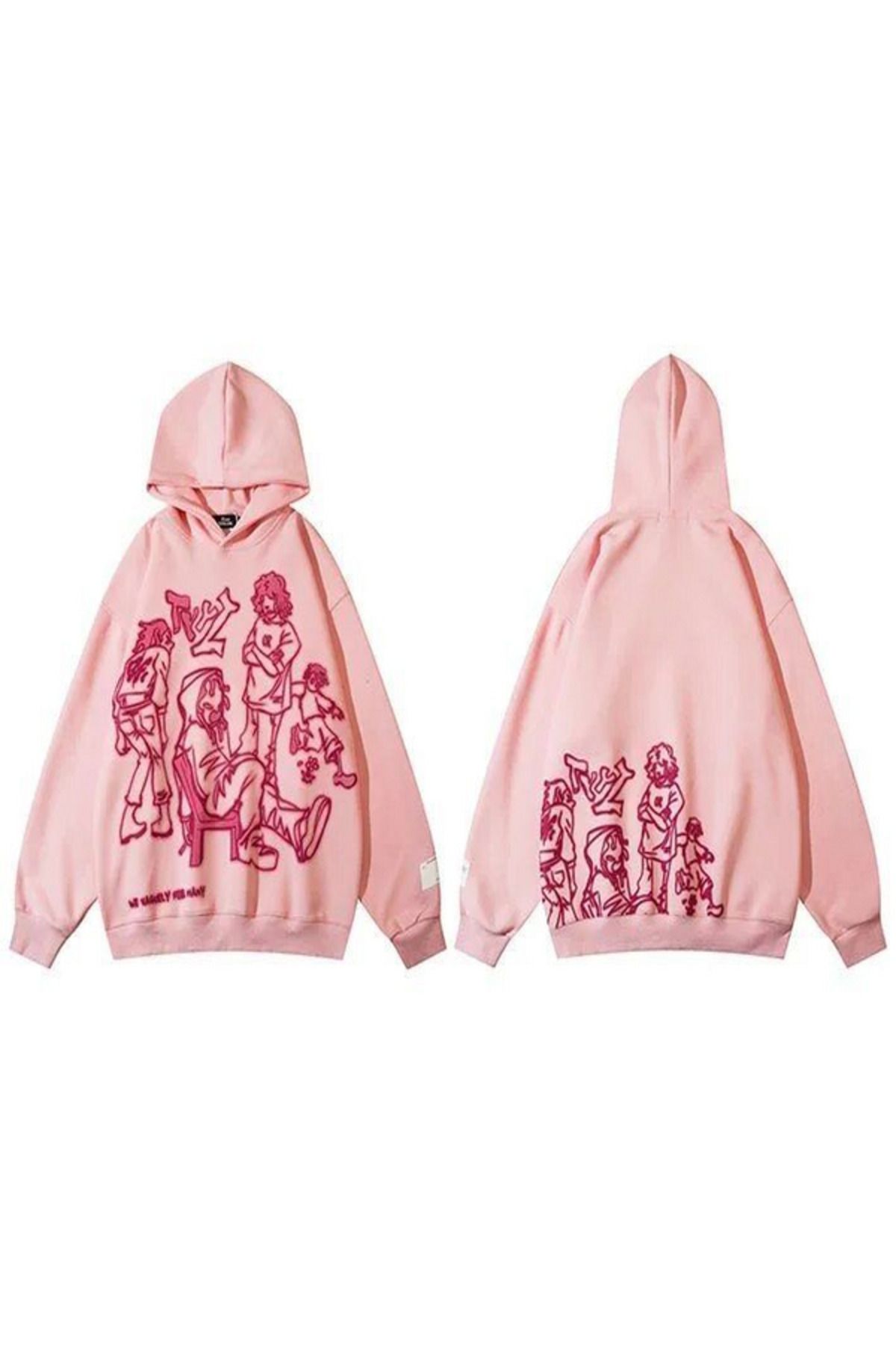 Pembe Baskılı Oversize Kadın 3 İplik Sweatshirt Hoodie