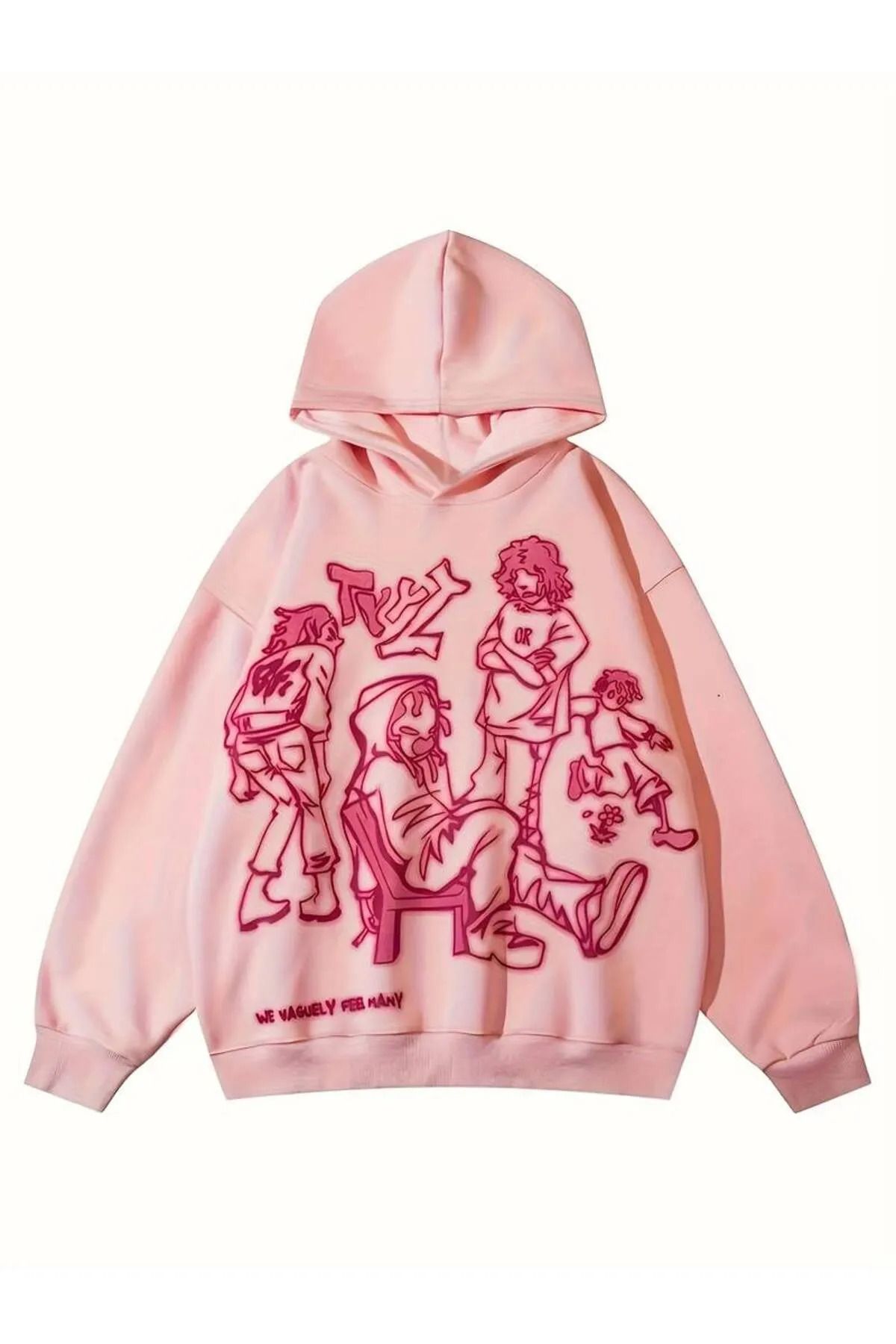 Pembe Baskılı Oversize Kadın 3 İplik Sweatshirt Hoodie