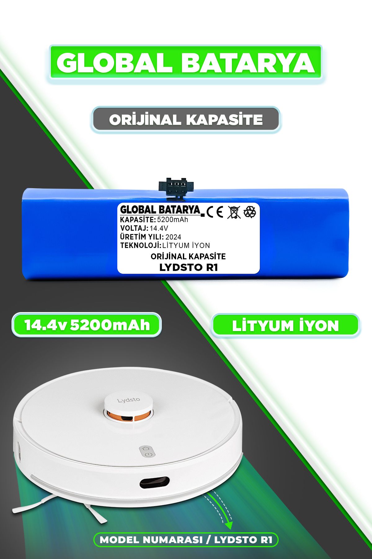 GLOBAL BATARYALydsto R1Vacuum Akıllı Robot Sü...