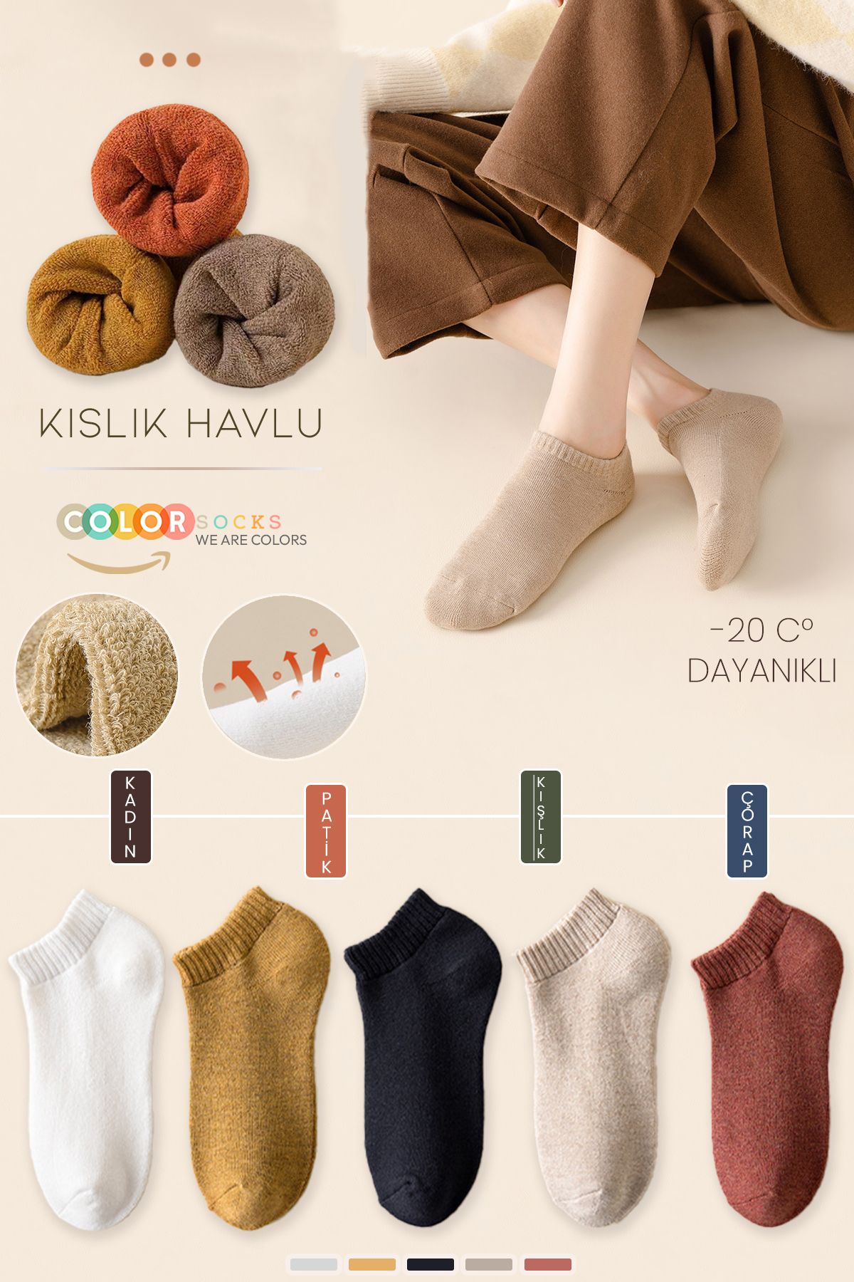 Color Socks 5'li Kışlık KadınHavlu Patik Çora...