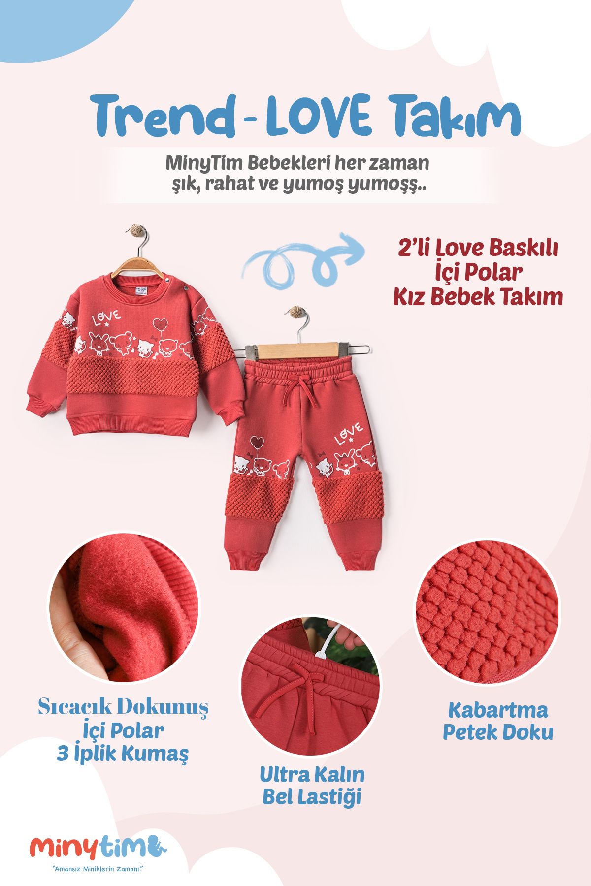 3 Iplik Kız Bebek Takım Love Baskılı, Pamuklu 9 Ay,12 Ay,18 Ay,2y