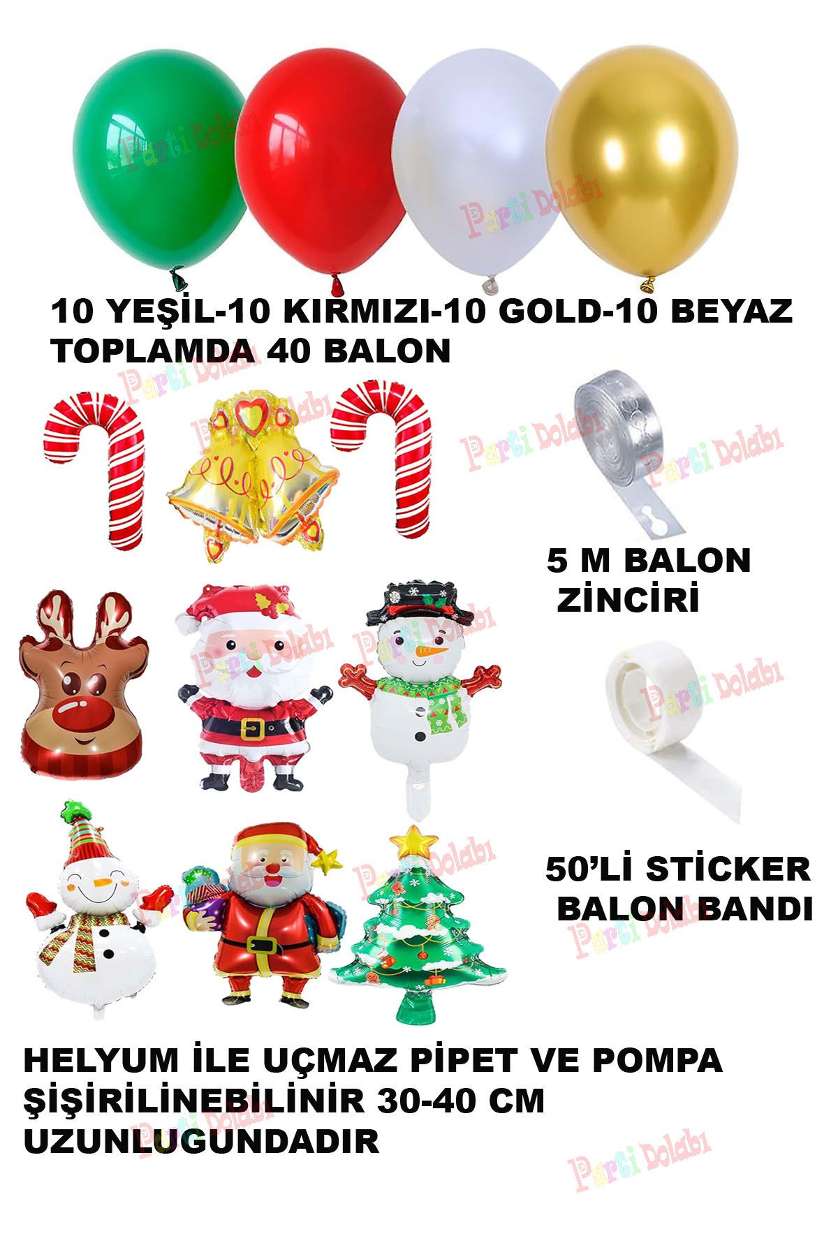 Yılbaşı 40 Metalik Balon 9'lu Folyo Balon Zincir Sticker Süsleme Seti Yeni Yıl Noel Baba Mekan Süs