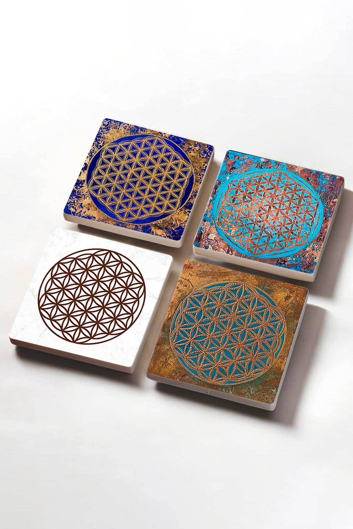 Yaşam Çiçeği Taş Bardak Altlığı Masaüstü Koruyucu Altlık 4 Parça Set 10x10cm Stone Coasters